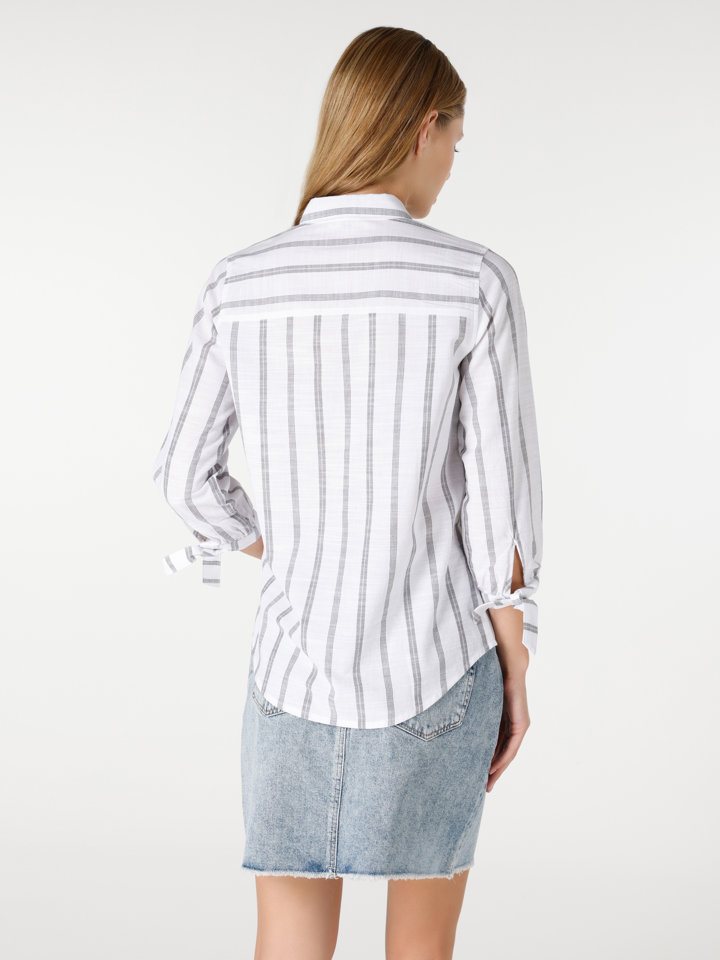 Regular Fit Shirt Neck Çizgili Beyaz Kadın Uzun Kol Gömlek Cl1064440