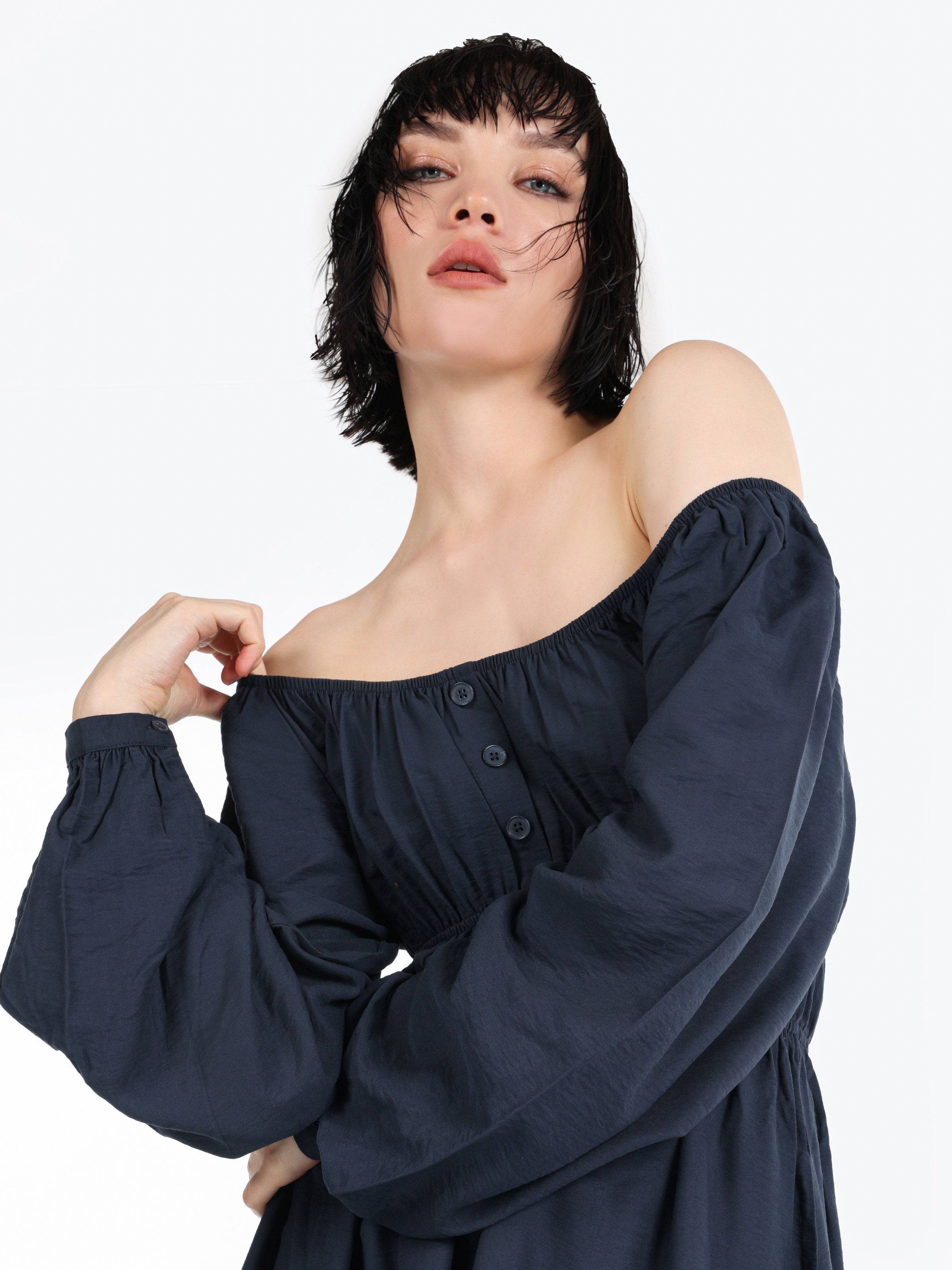 Omuzları Açık Belden Lastikli Maxi Lacivert Kadın Elbise Cl1065049
