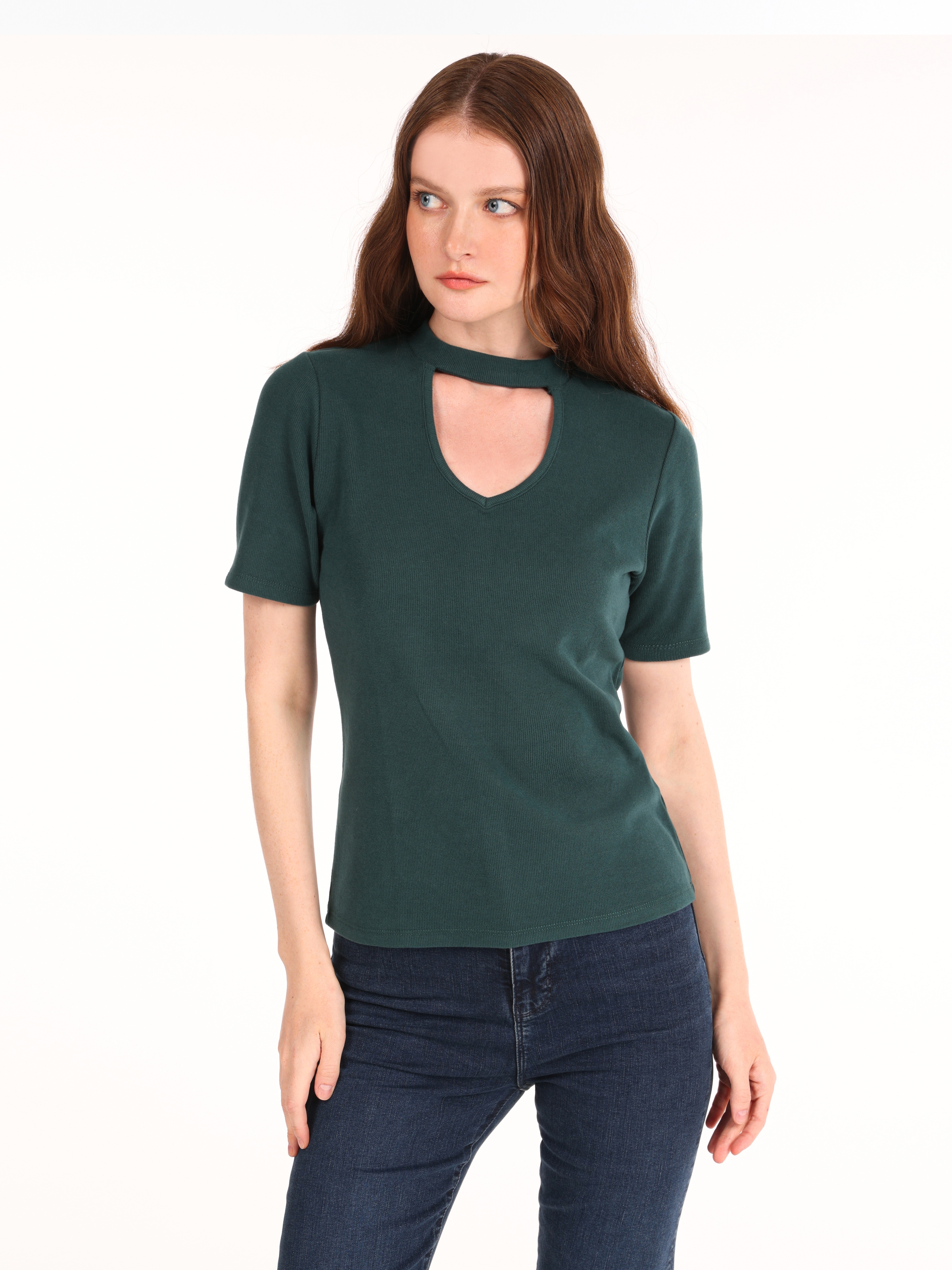 Dar Kesim Yarım Balıkçı Yaka Yeşil Kadın Tshirt K.Kol Cl1065127