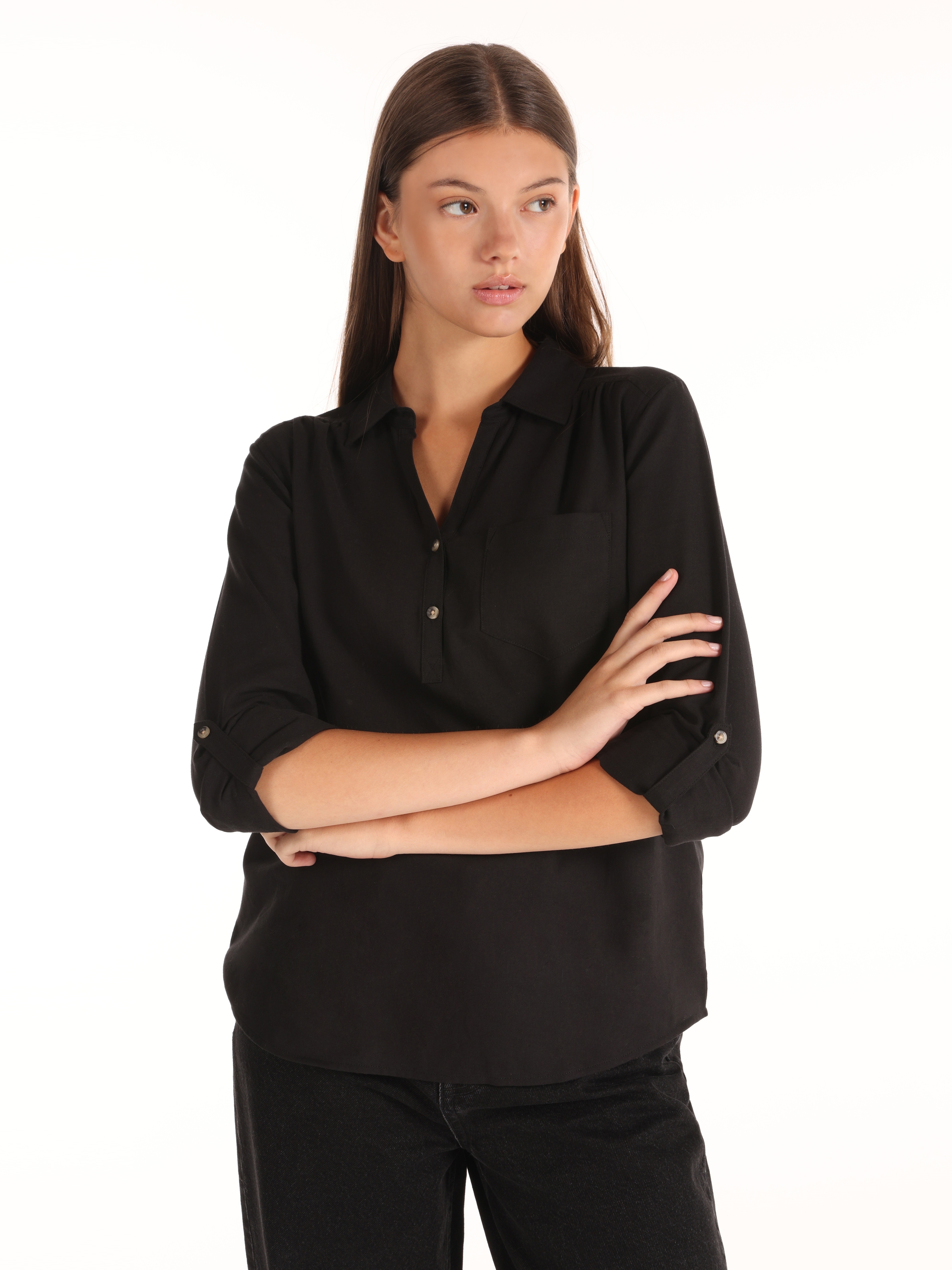 Gömlek Yaka Siyah Kadın Bluz U.Kol Cl1058747