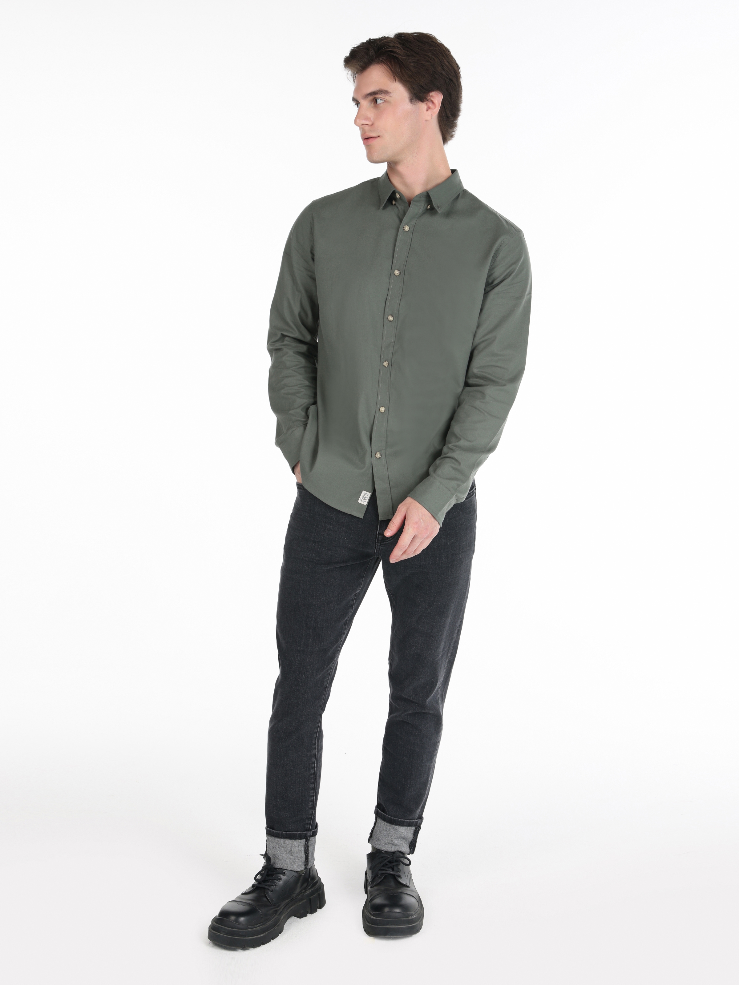 Slim Fit Basic Yeşil Erkek Uzun Kol Gömlek