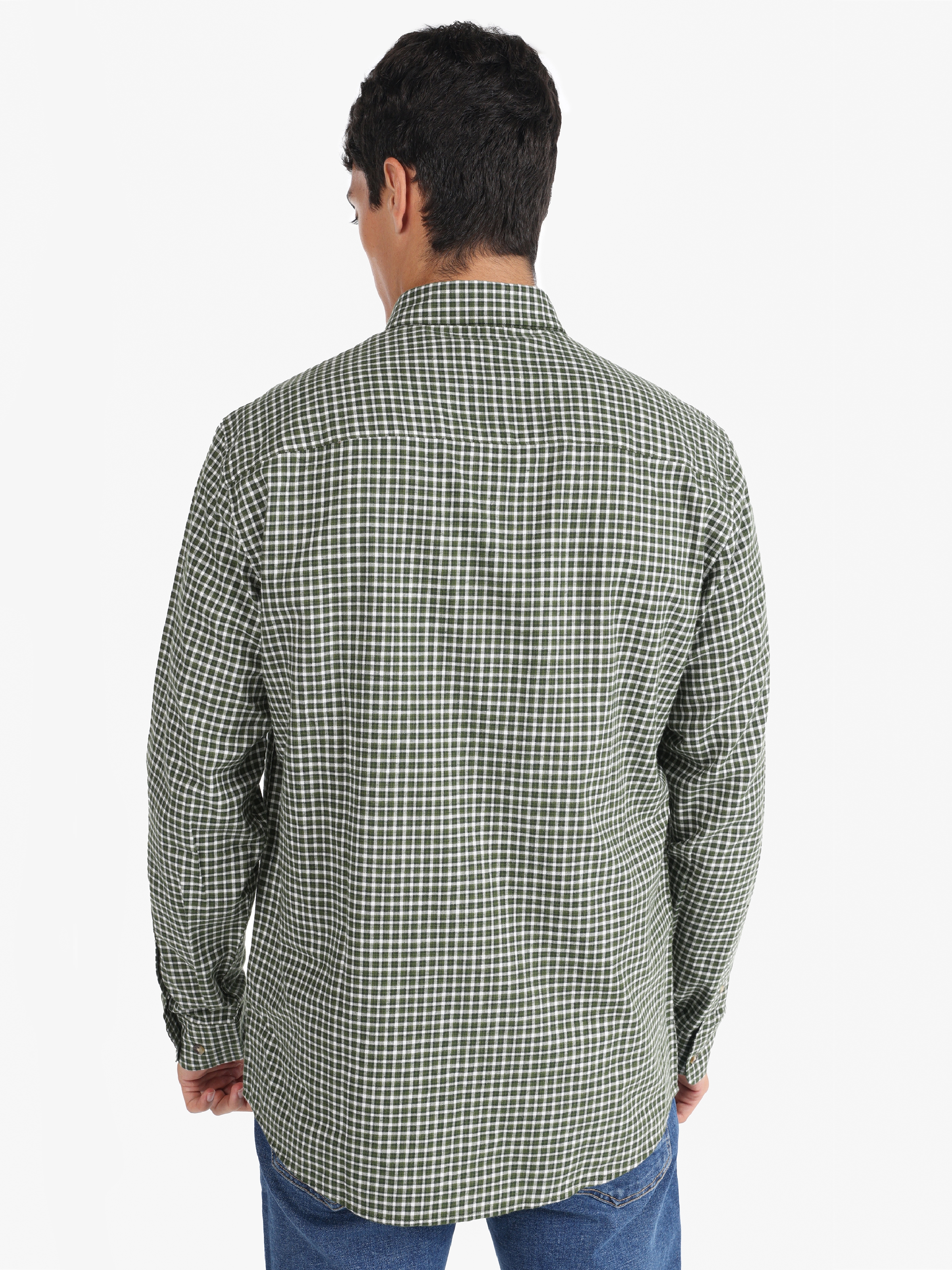 Regular Fit Shirt Neck Kareli Yeşil Erkek Uzun Kol Gömlek Cl1065591
