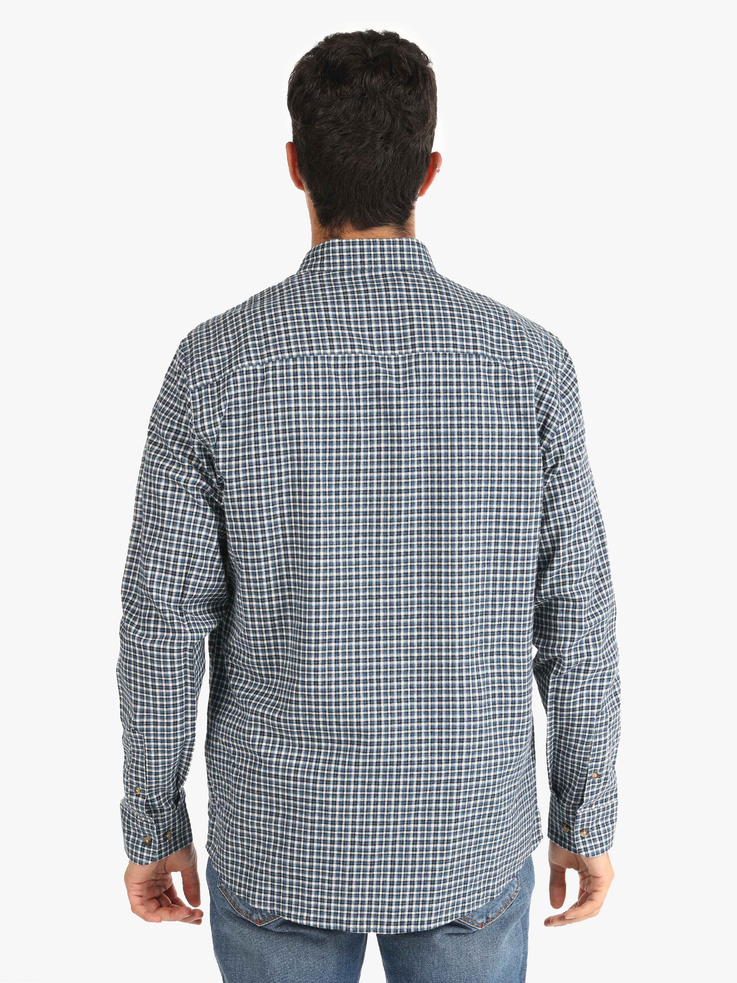 Regular Fit Shirt Neck Kareli Lacivert Erkek Uzun Kol Gömlek Cl1065591