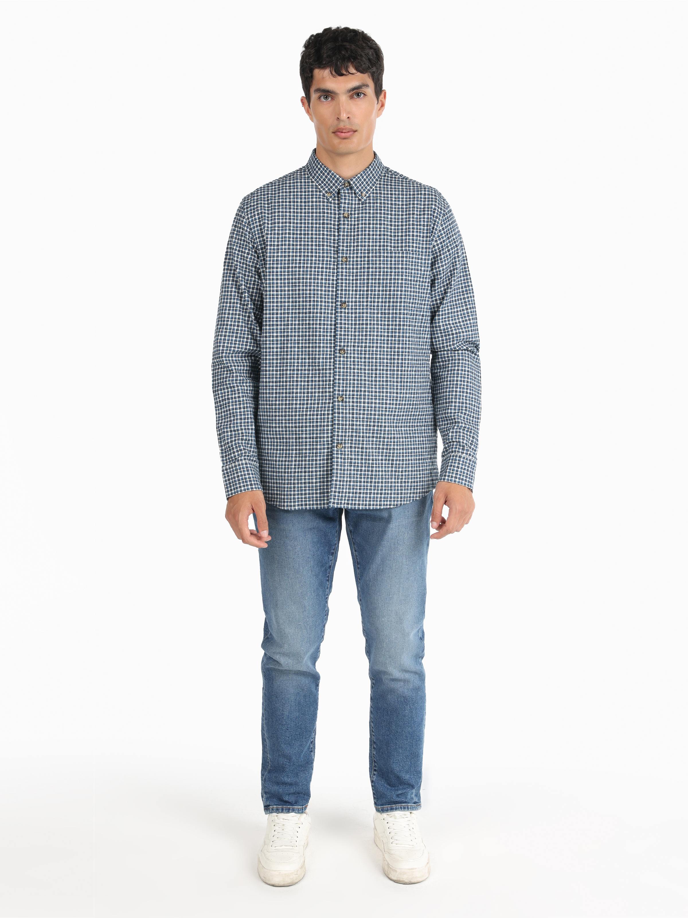 Regular Fit Shirt Neck Kareli Lacivert Erkek Uzun Kol Gömlek Cl1065591
