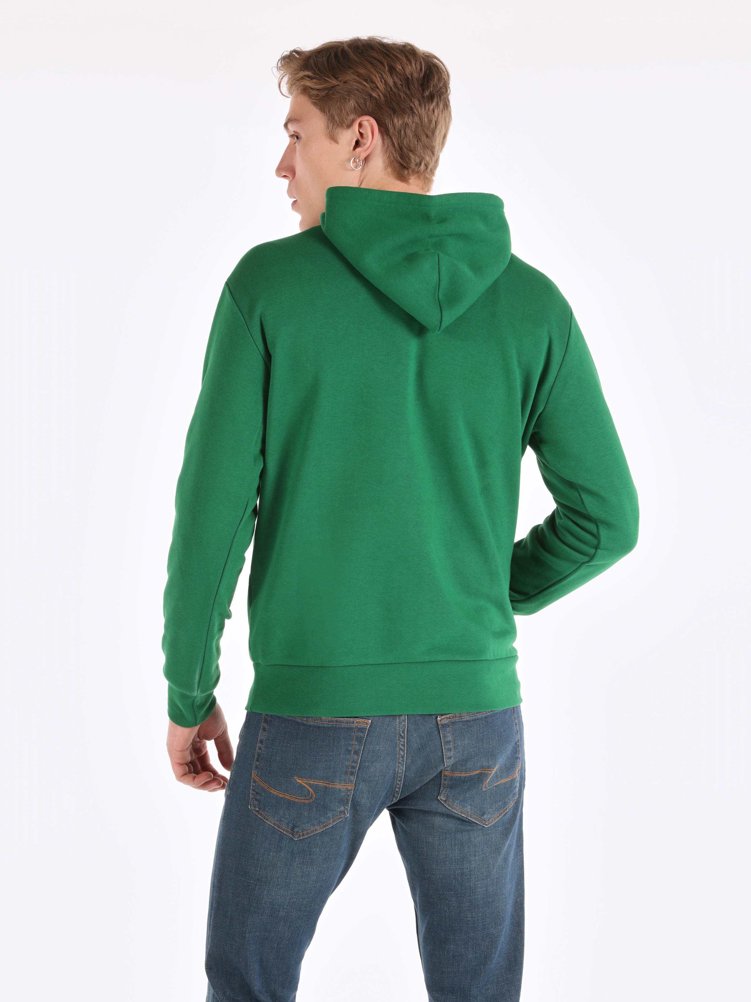 Regular Fit Baskılı Kapüşonlu Yeşil Erkek Sweatshirt Cl1065144