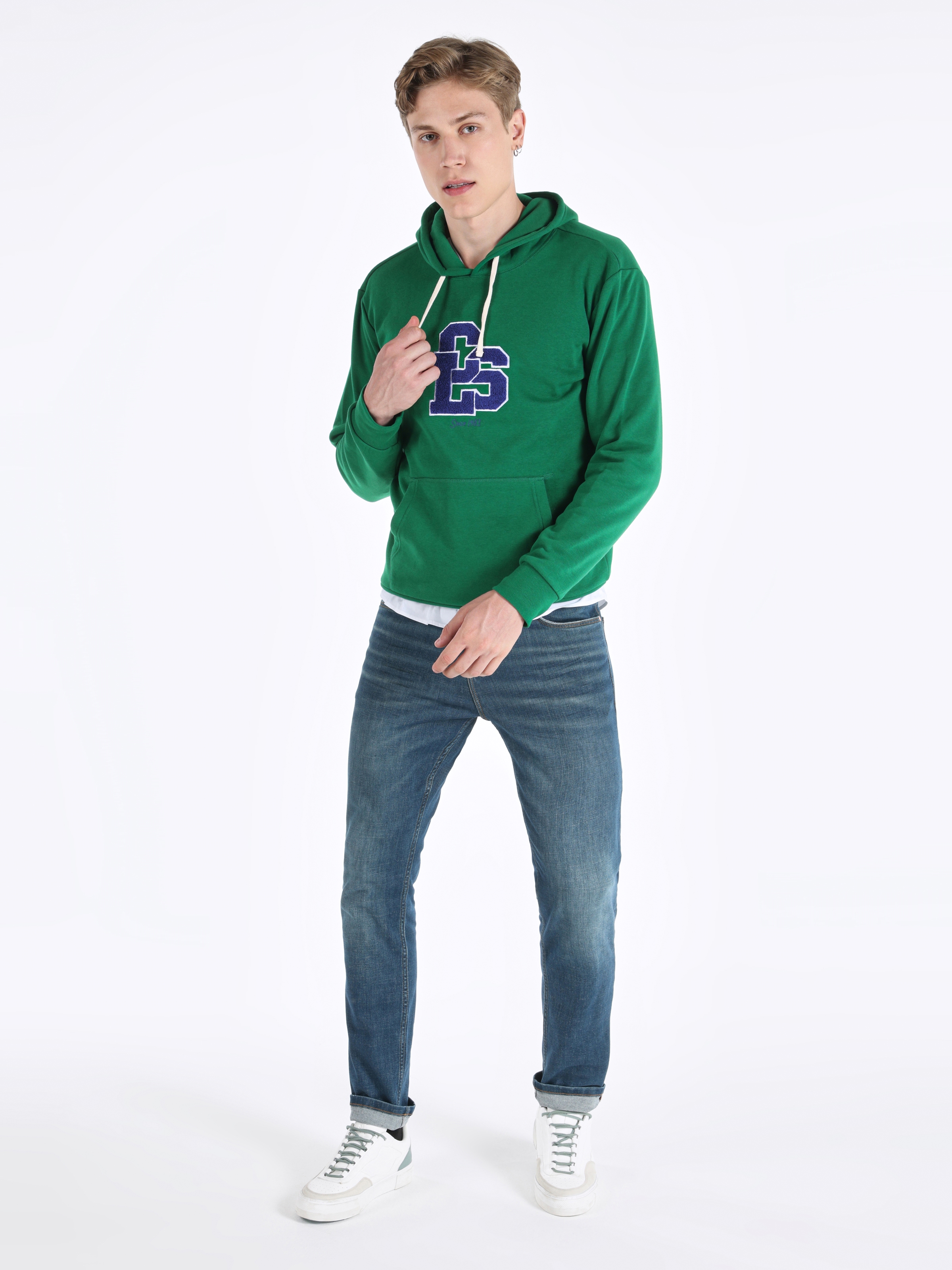 Regular Fit Baskılı Kapüşonlu Yeşil Erkek Sweatshirt Cl1065144