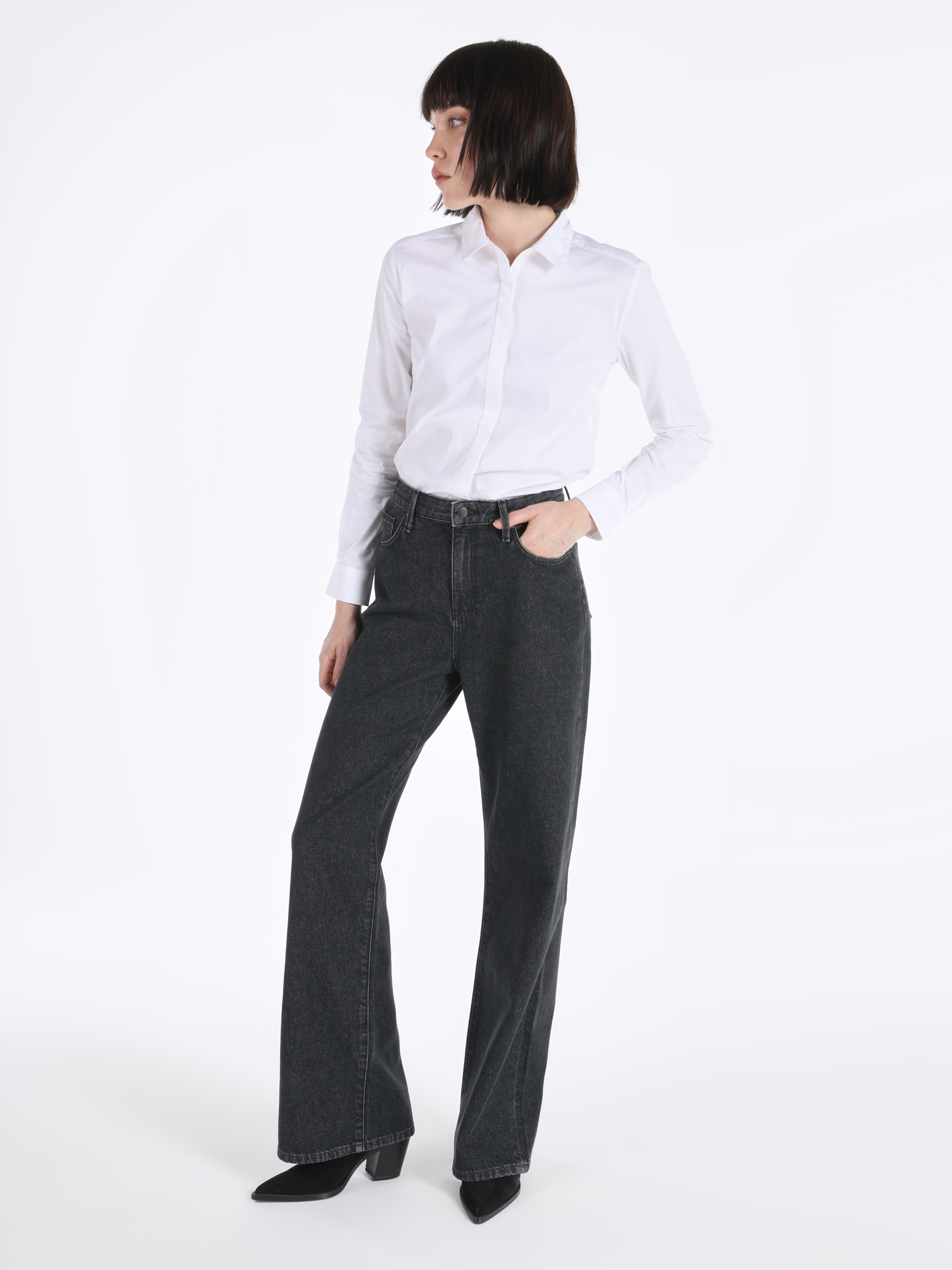 970 Berry Regular Fit Yüksek Bel Geniş Paça Beyaz Kadın Pantolon Cl1065818
