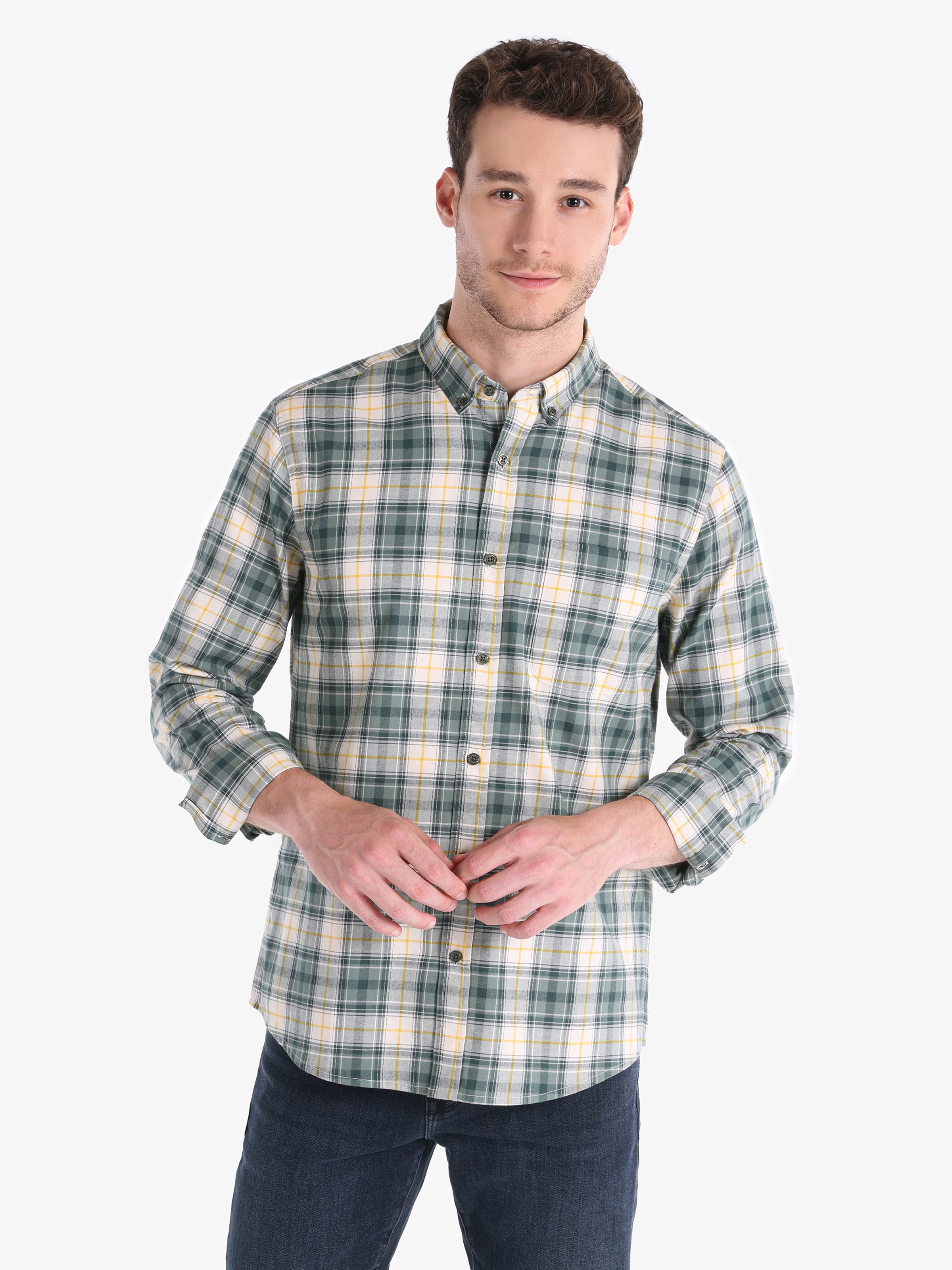Slim Fit Shirt Neck Ekoseli Yeşil Erkek Uzun Kol Gömlek Cl1064819
