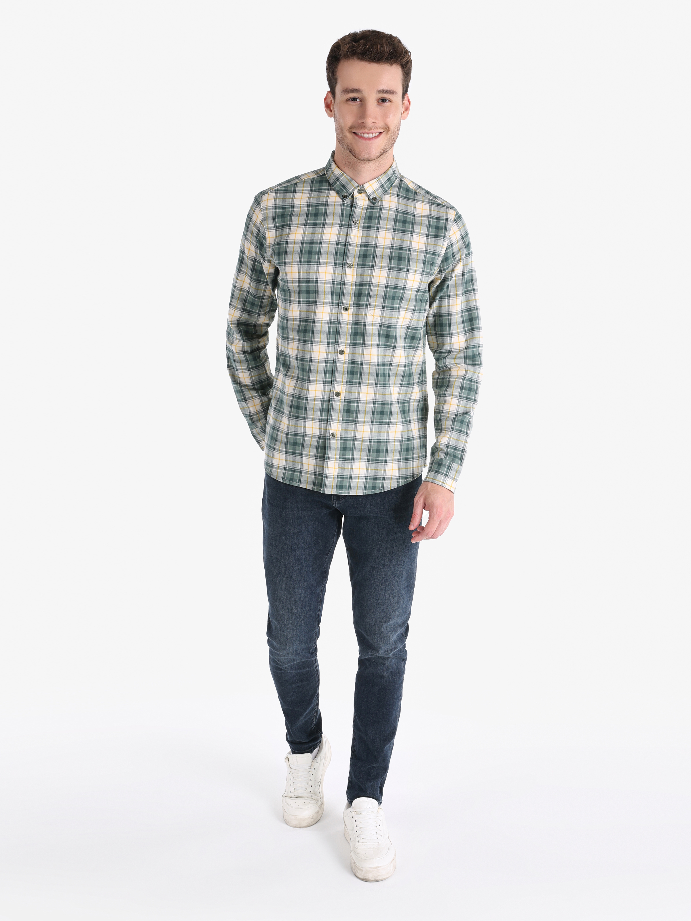 Slim Fit Shirt Neck Ekoseli Yeşil Erkek Uzun Kol Gömlek Cl1064819