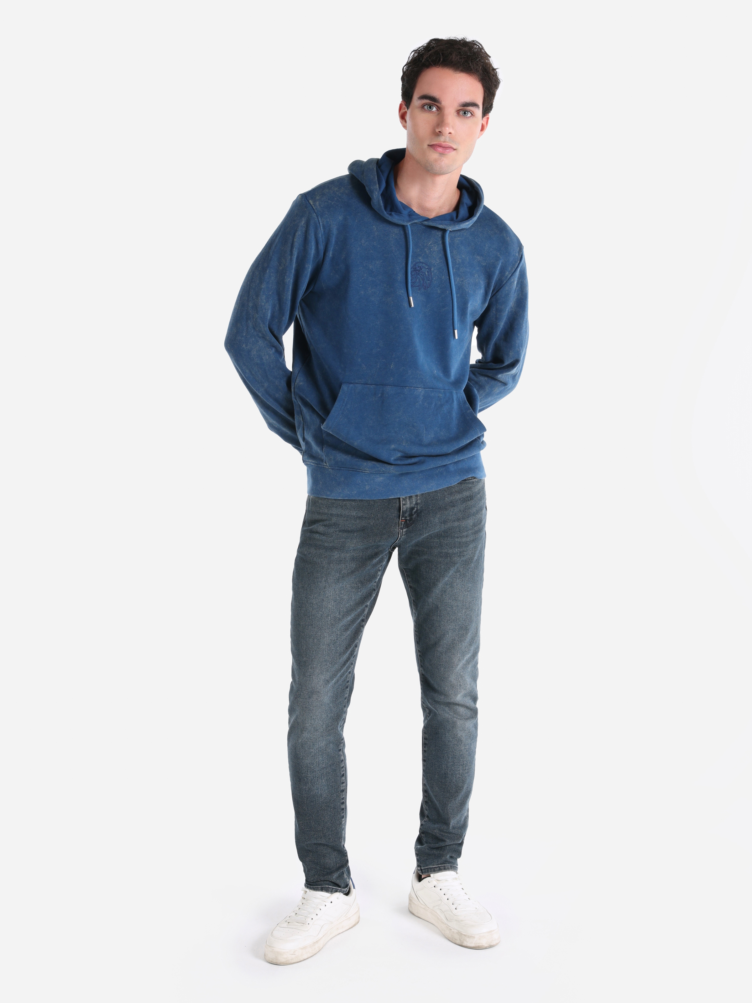 Regular Fit Baskılı Kapüşonlu Mavi Erkek Sweatshirt Cl1065602