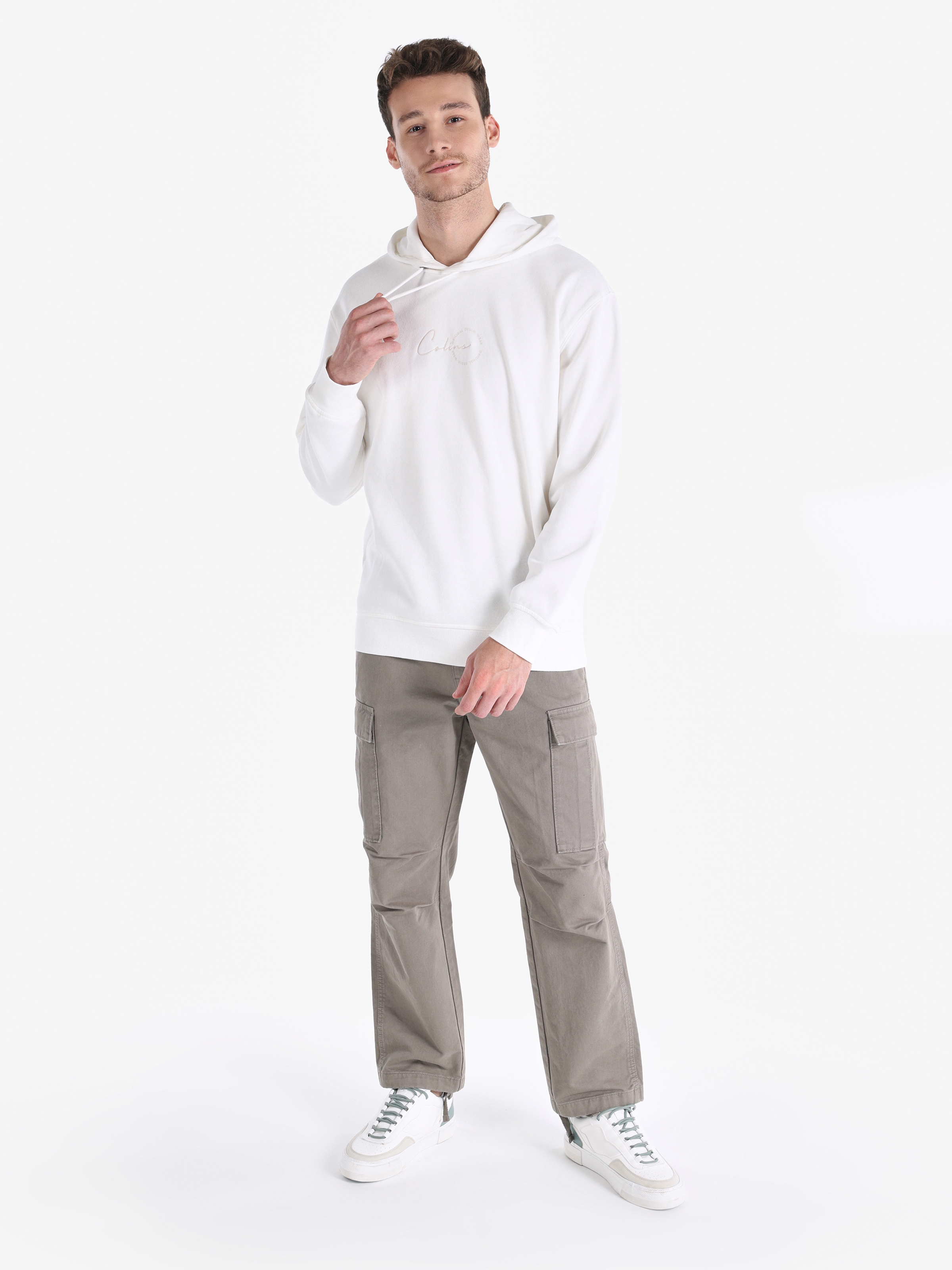 Regular Fit Kapüşonlu Baskılı Beyaz Erkek Sweatshirt Cl1065824