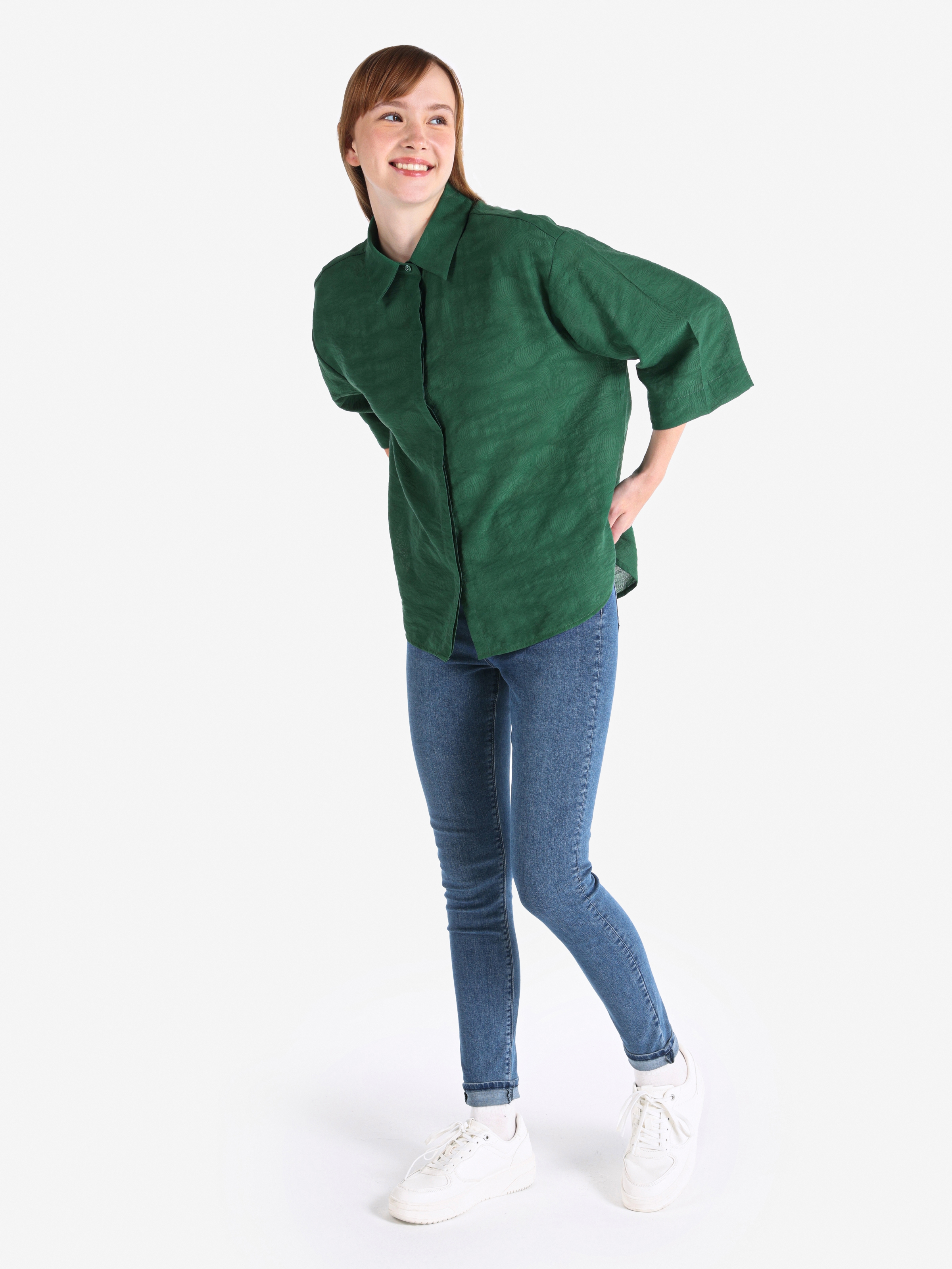 Regular Fit Desenli Yeşil Kadın Uzun Kol Gömlek