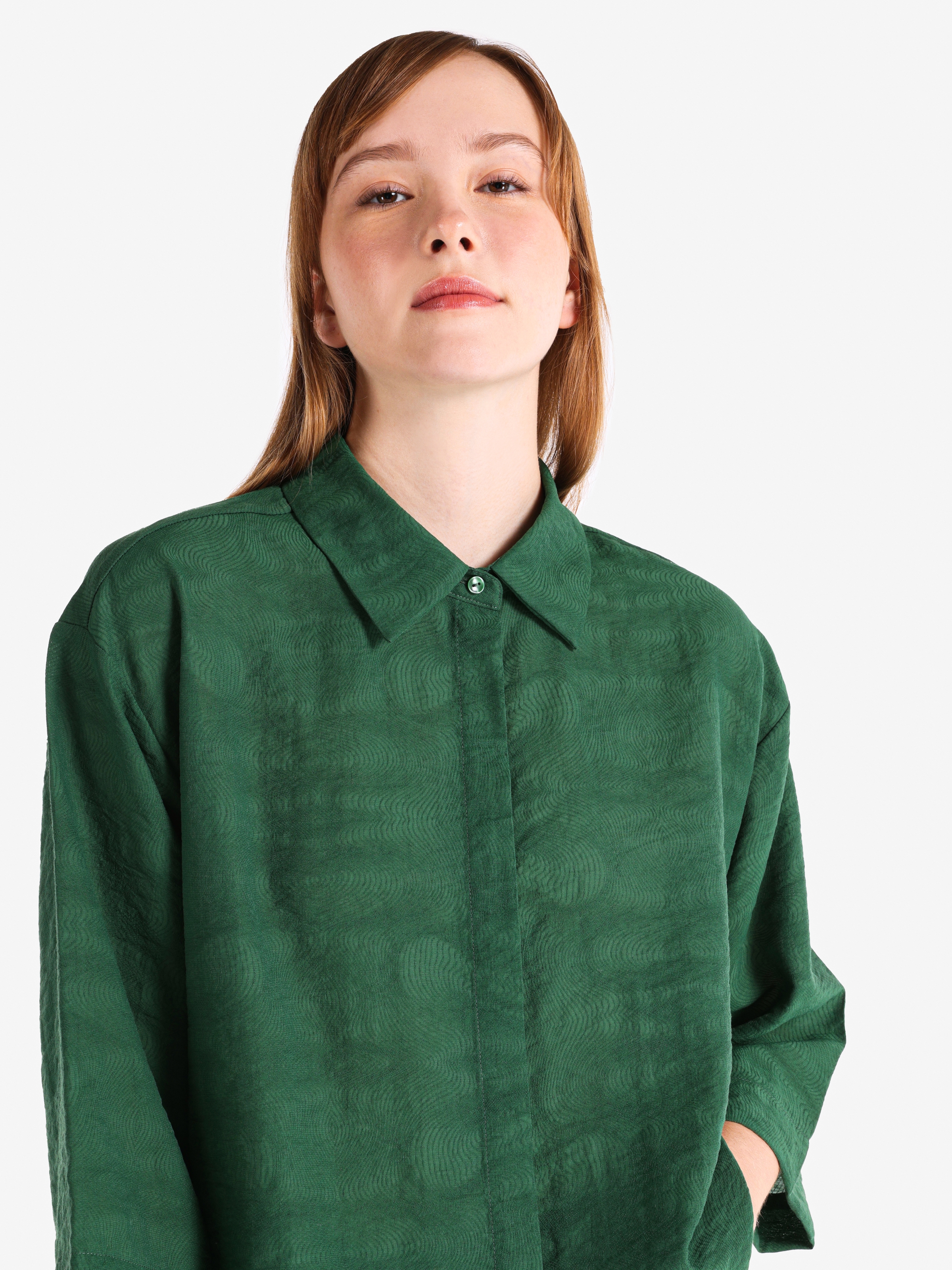 Regular Fit Desenli Yeşil Kadın Uzun Kol Gömlek