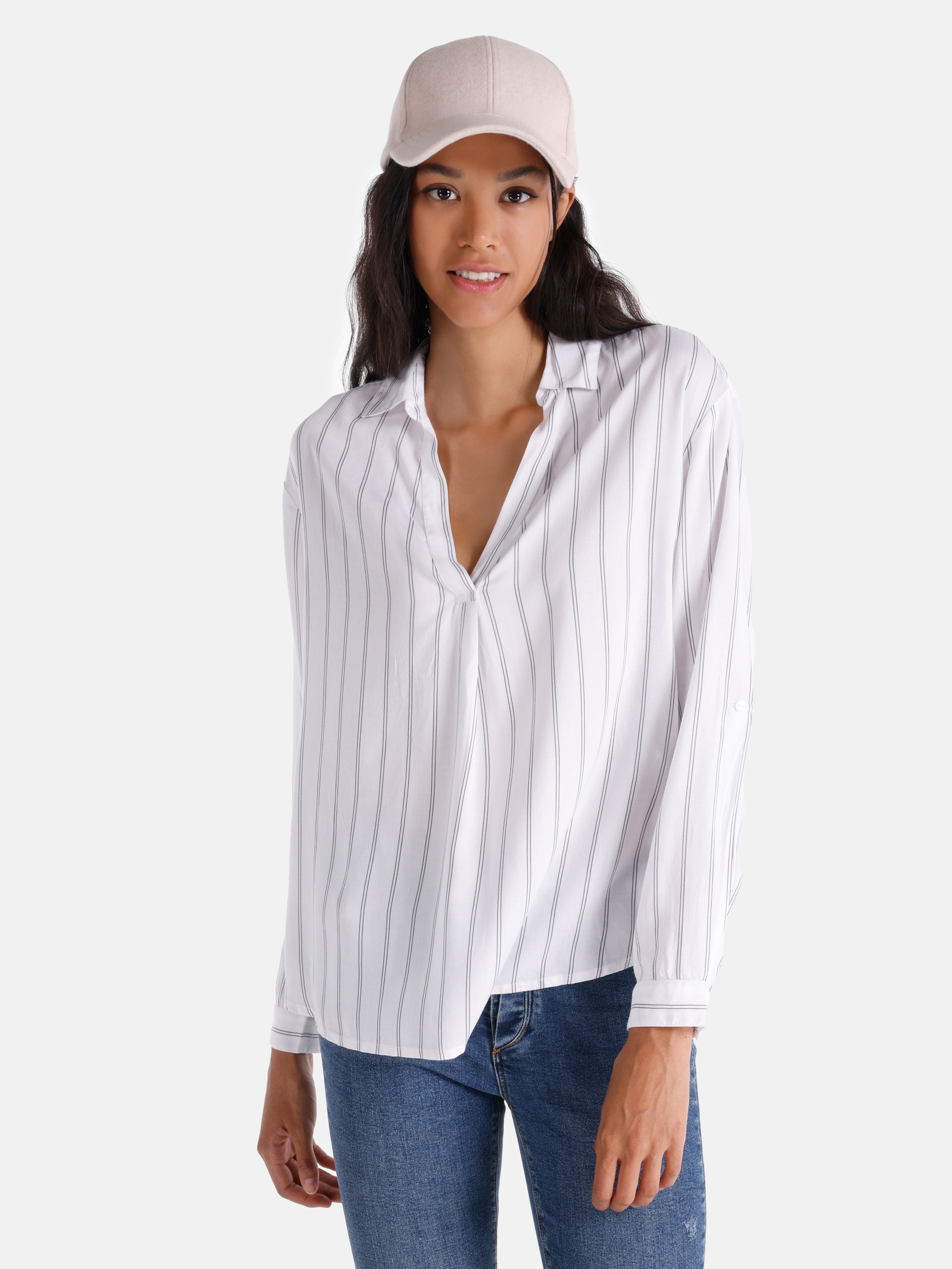 Regular Fit Çizgili Beyaz Kadın Uzun Kol Bluz Cl1065000