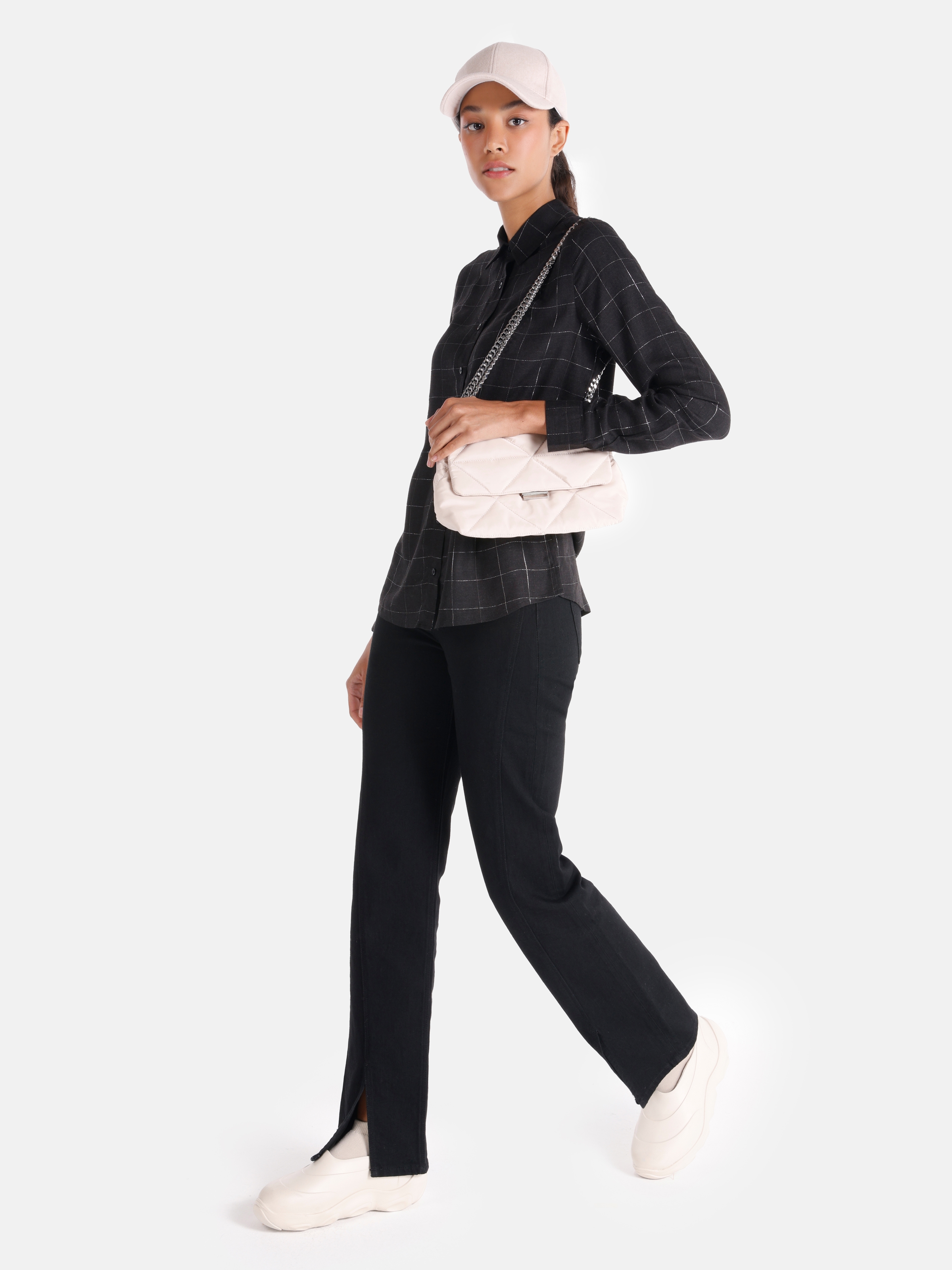Slim Fit Kareli Siyah Kadın Uzun Kol Gömlek Cl1065002