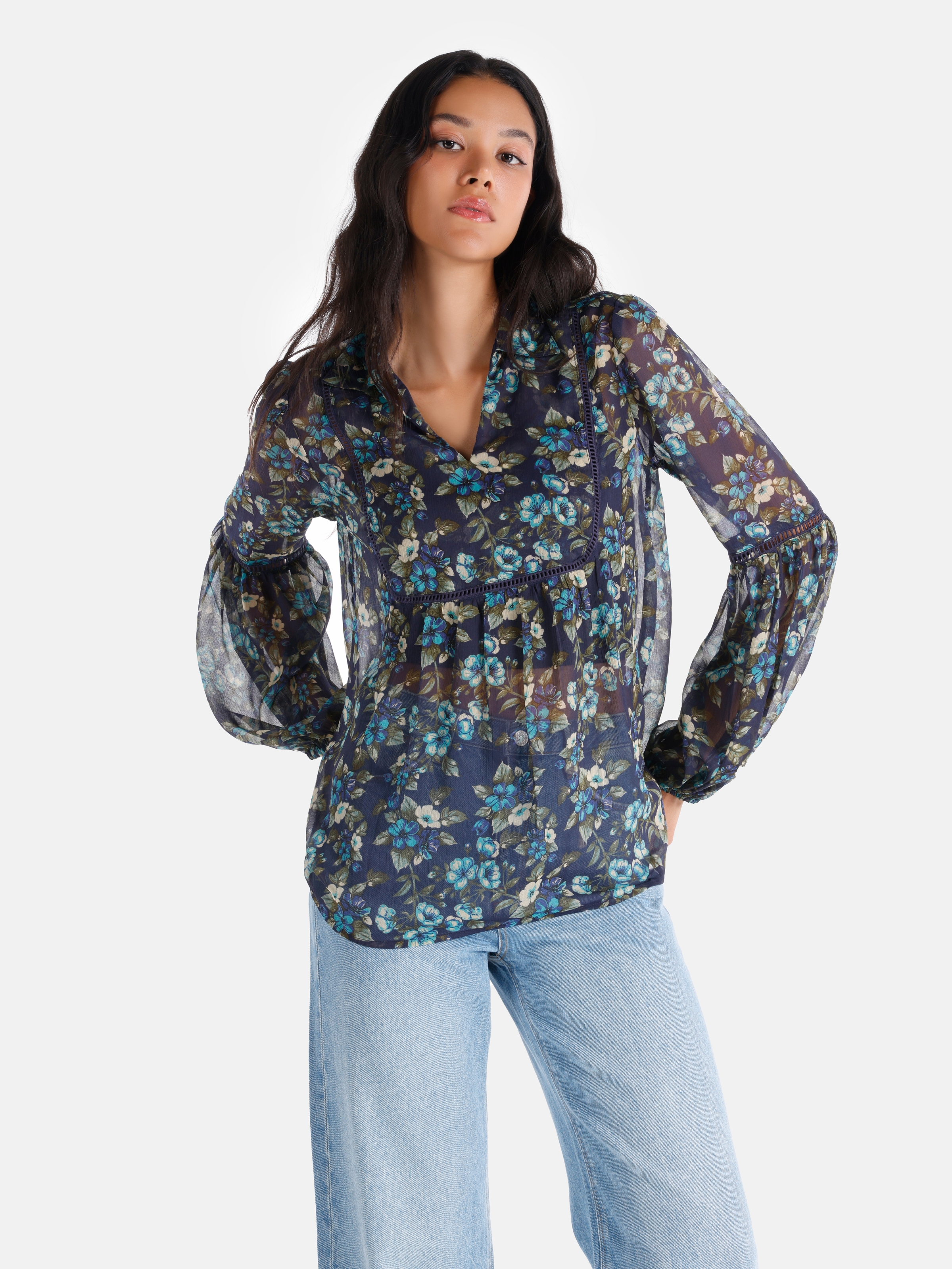 Regular Fit Shirt Neck Çiçek Baskılı Çok Renkli Kadın Bluz U.Kol Cl1065046
