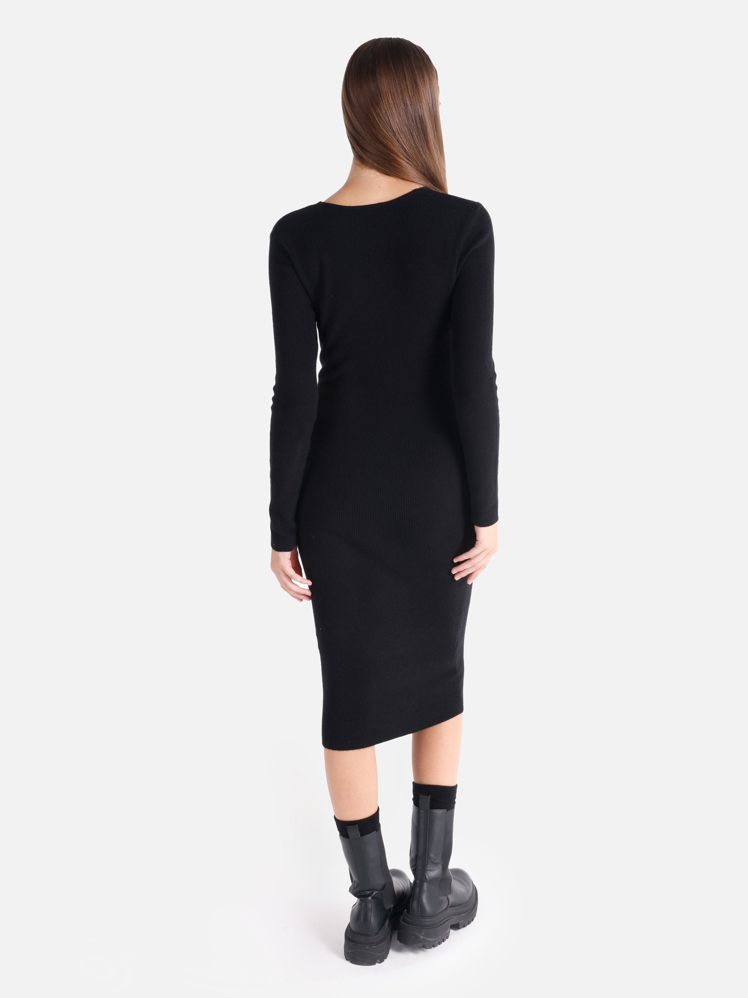 Dar Kesim V Yaka Midi Siyah Kadın Elbise Cl1065270