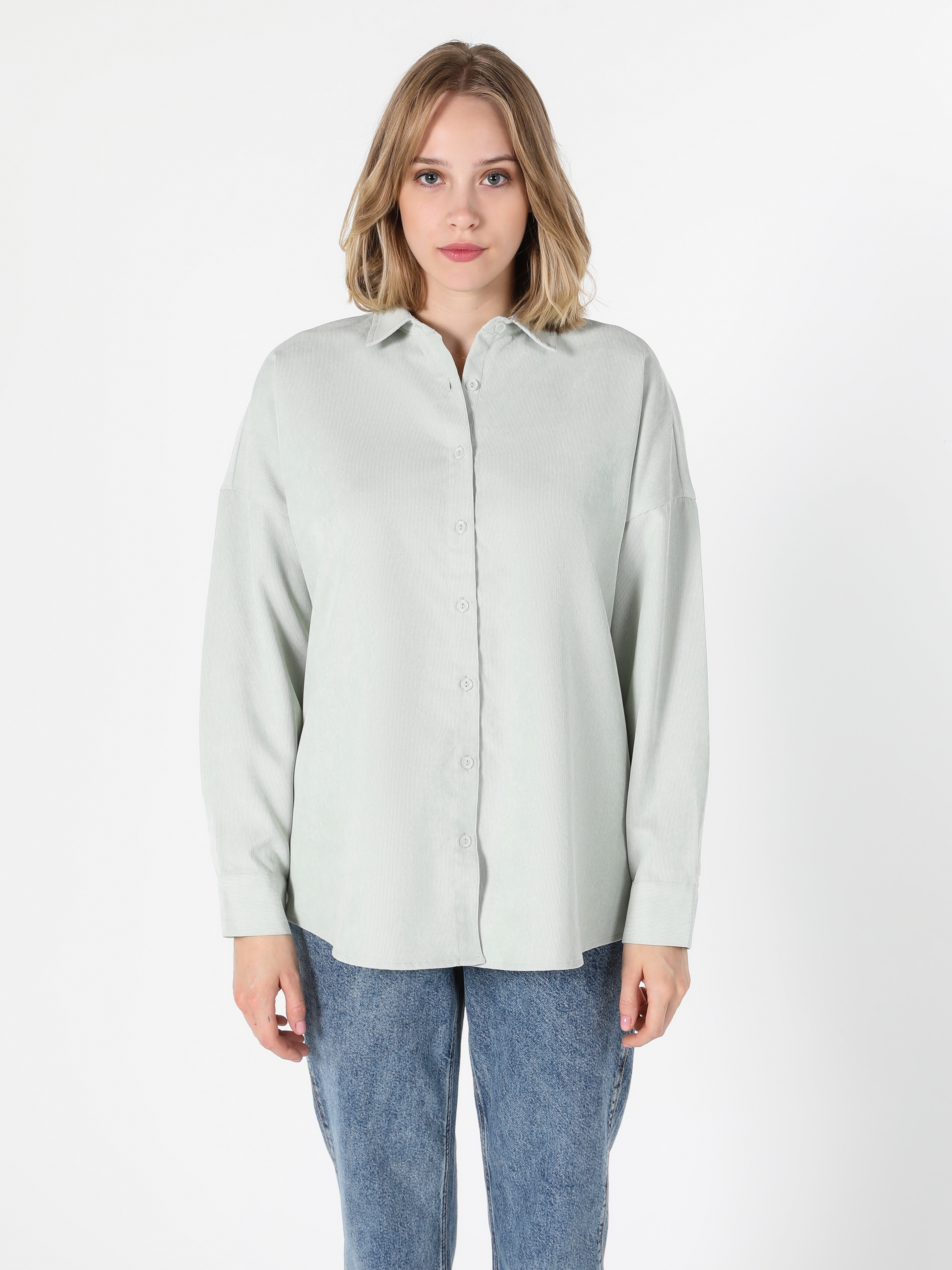 Regular Fit Shirt Neck Yeşil Kadın Uzun Kol Gömlek