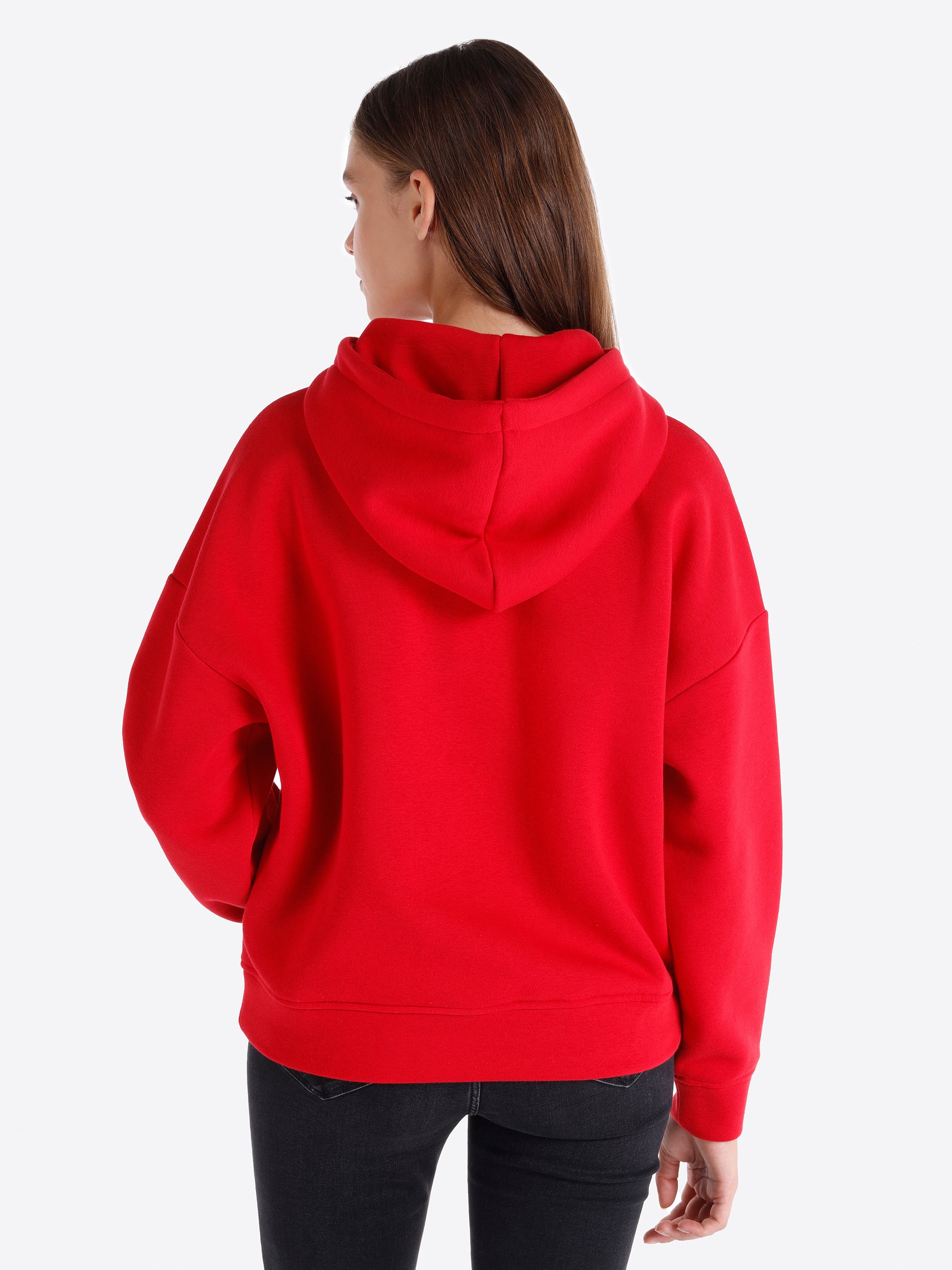 Regular Fit Baskılı Kapüşonlu Kırmızı Kadın Sweatshirt