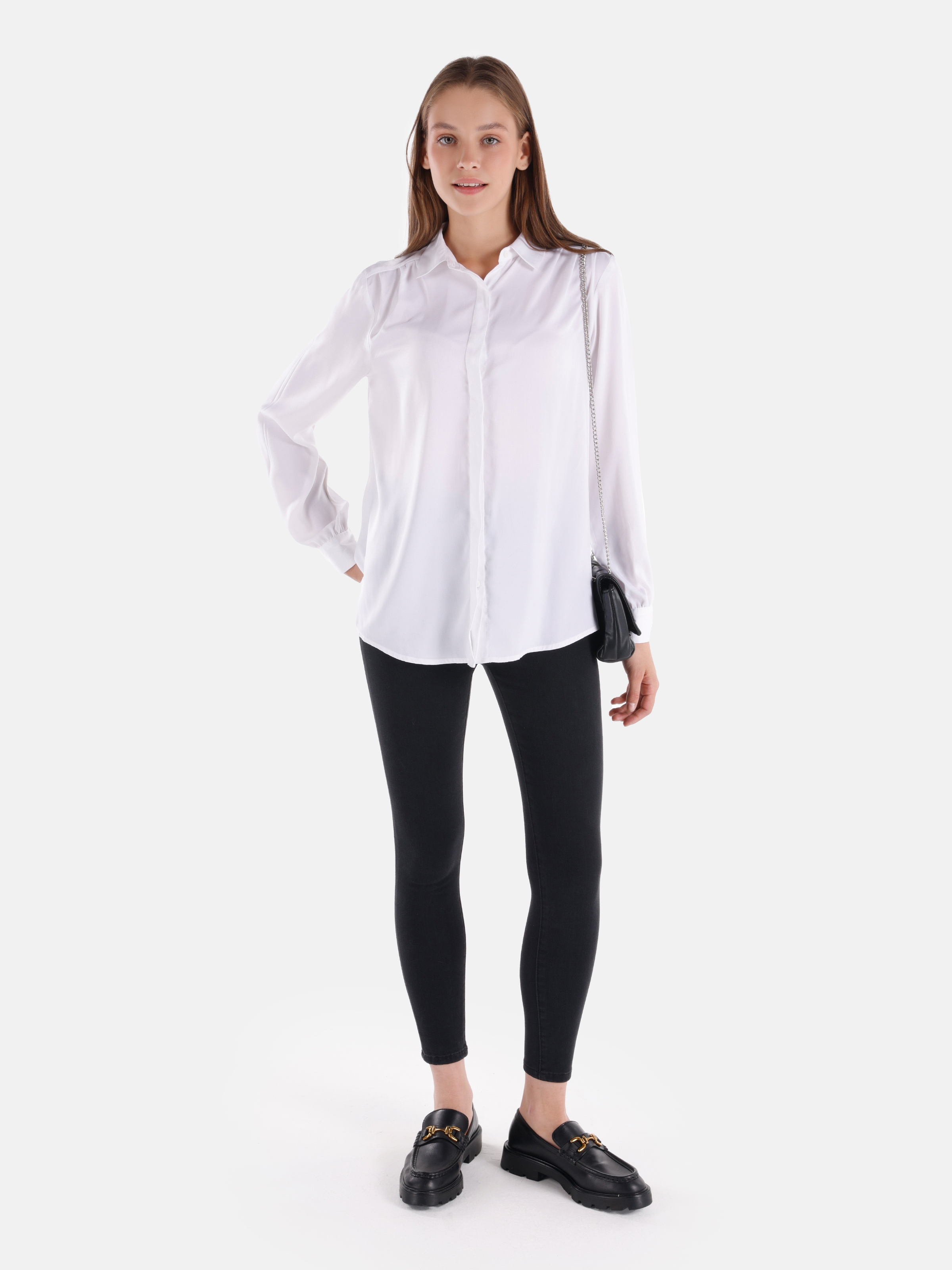 Regular Fit Beyaz Kadın Uzun Kol Gömlek Cl1065074