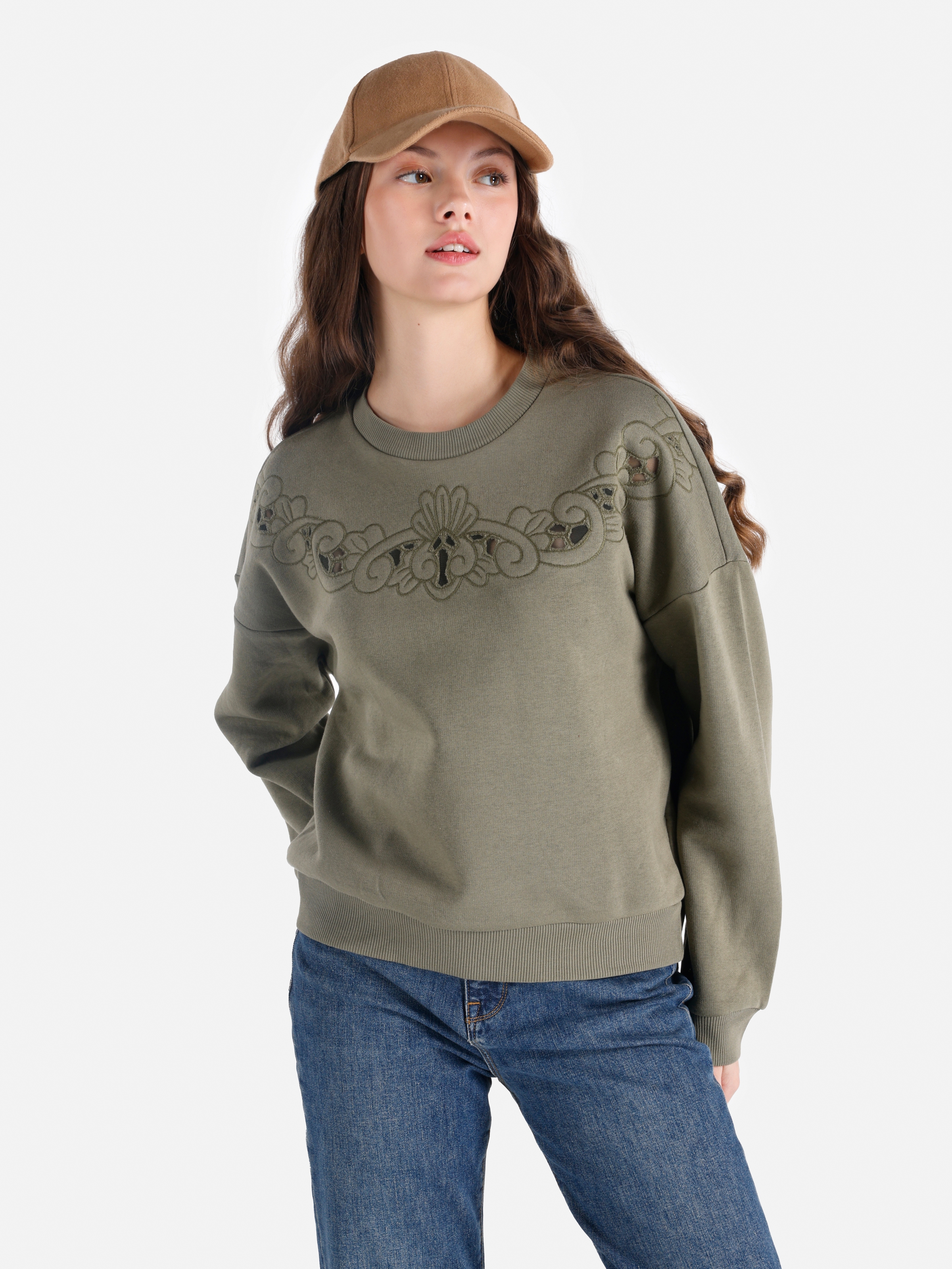 Regular Fit Baskılı Yeşil Kadın Sweatshirt Cl1065948