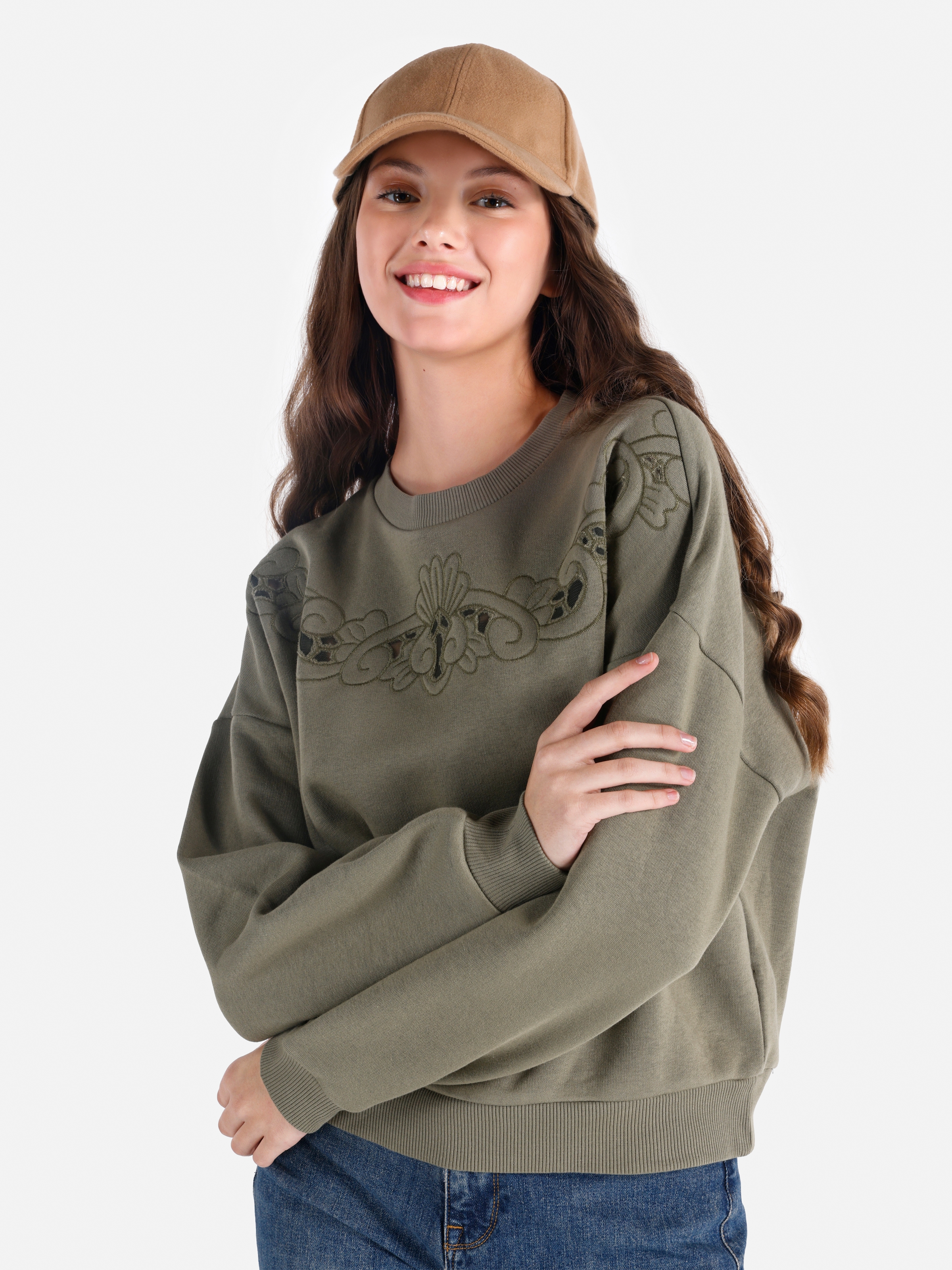Regular Fit Baskılı Yeşil Kadın Sweatshirt Cl1065948