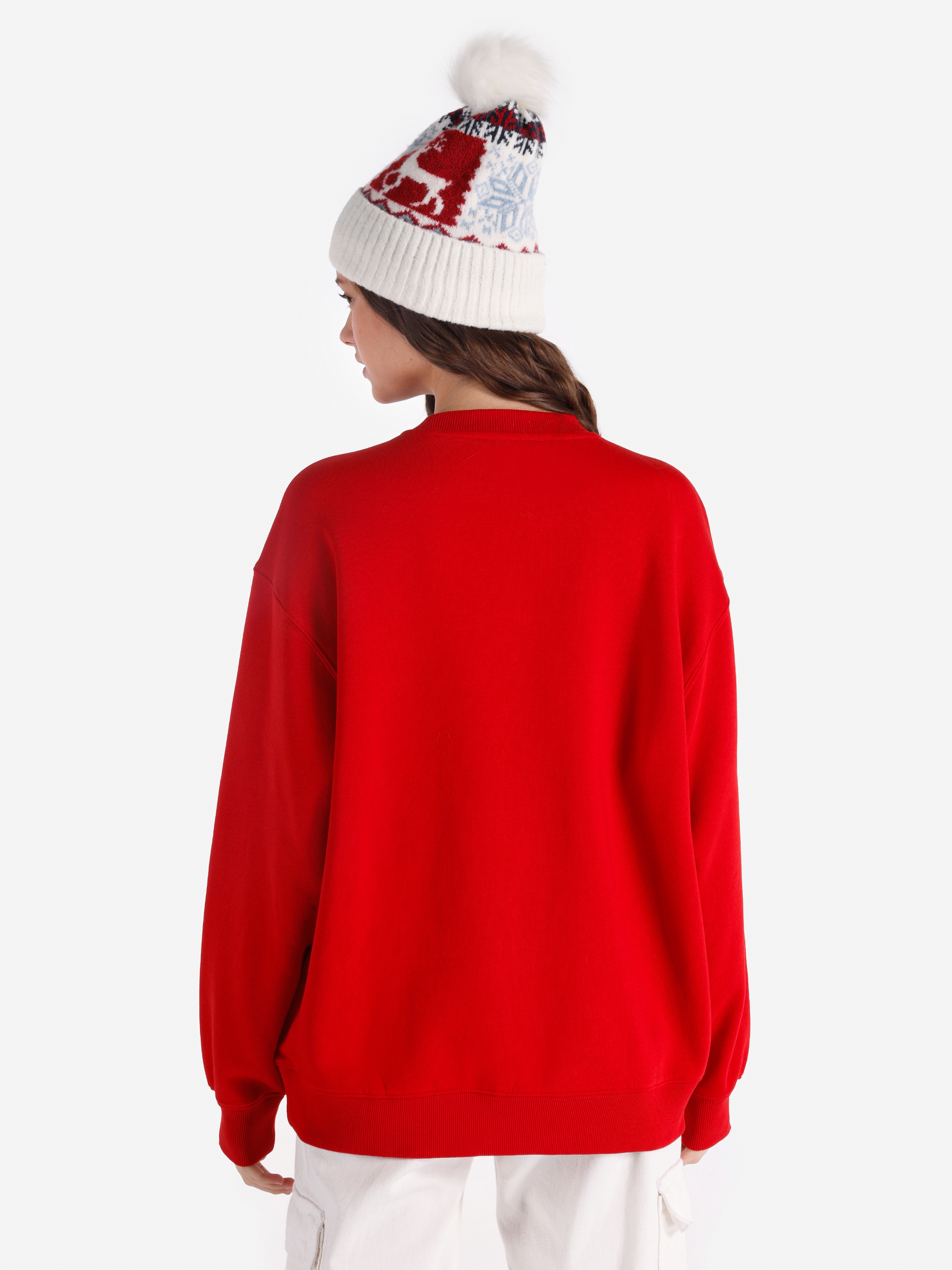 Regular Fit Baskılı Kırmızı Kadın Sweatshirt