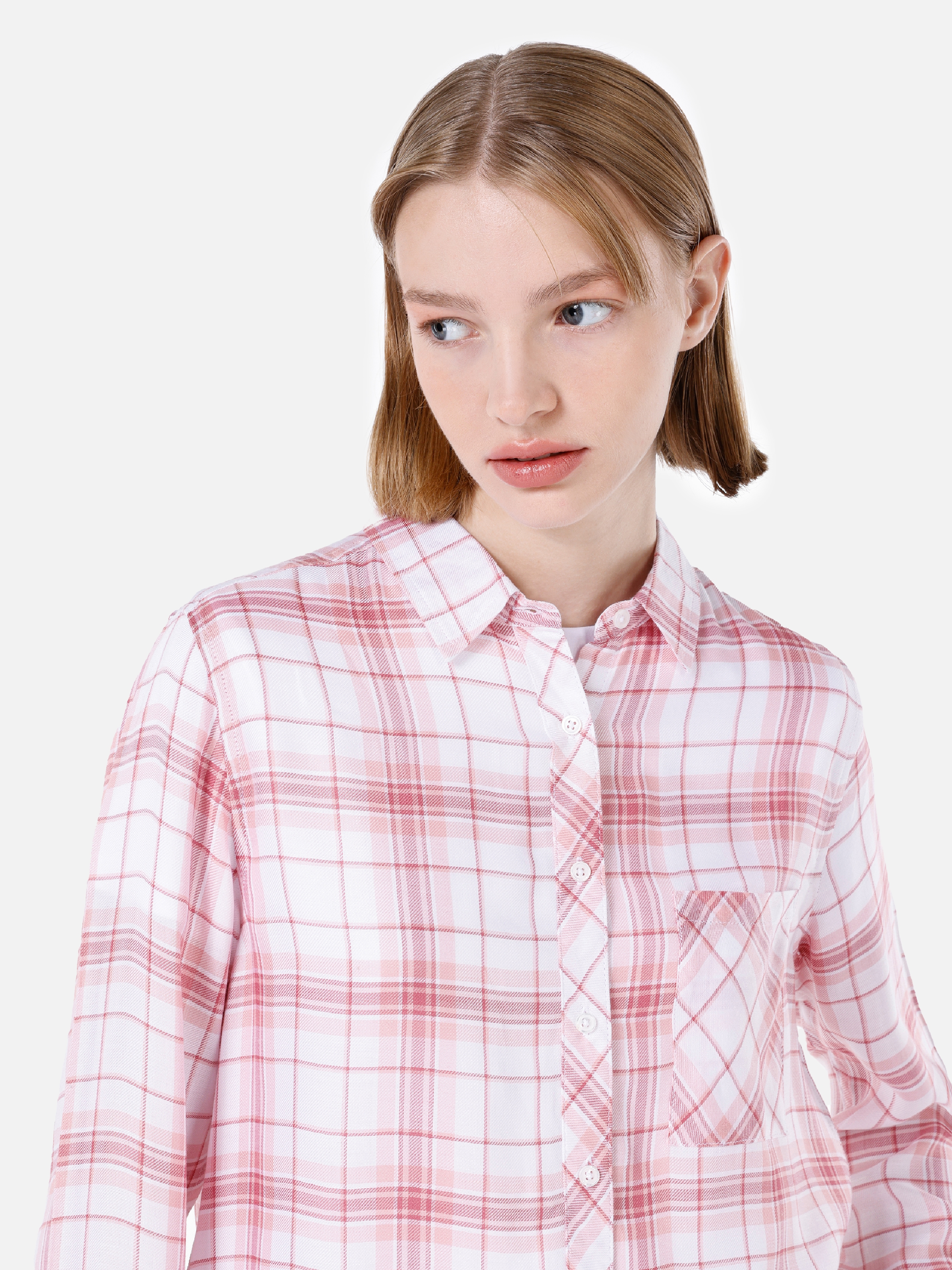Normal Kesim Shirt Yaka Pembe Kadın Uzun Kol Gömlek Cl1067152