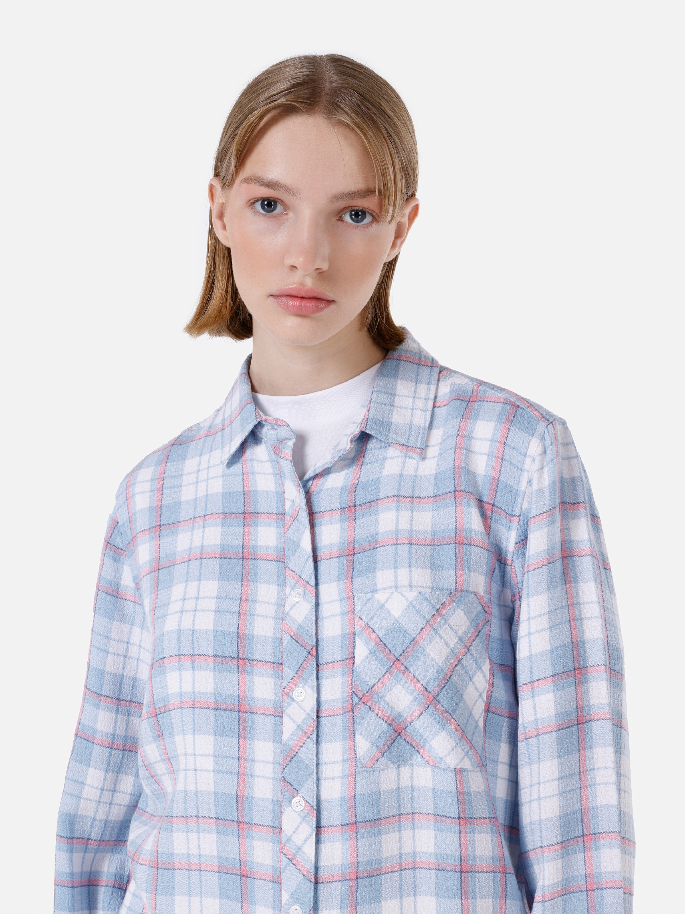 Normal Kesim Shirt Yaka Cepli Mavi Kadın Uzun Kol Gömlek Cl1067153