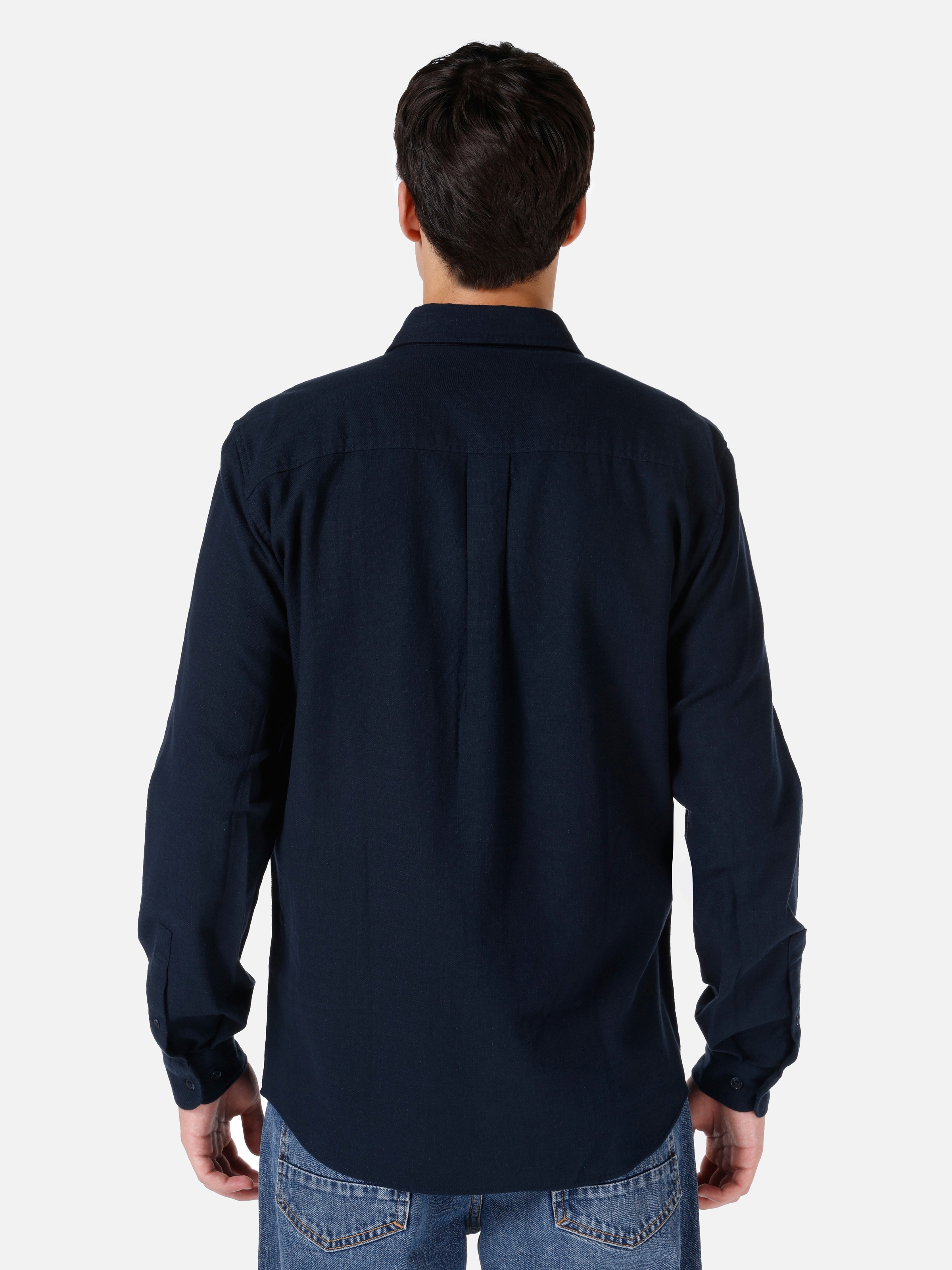 Normal Kesim Shirt Yaka Lacivert Erkek Uzun Kol Gömlek Cl1067015