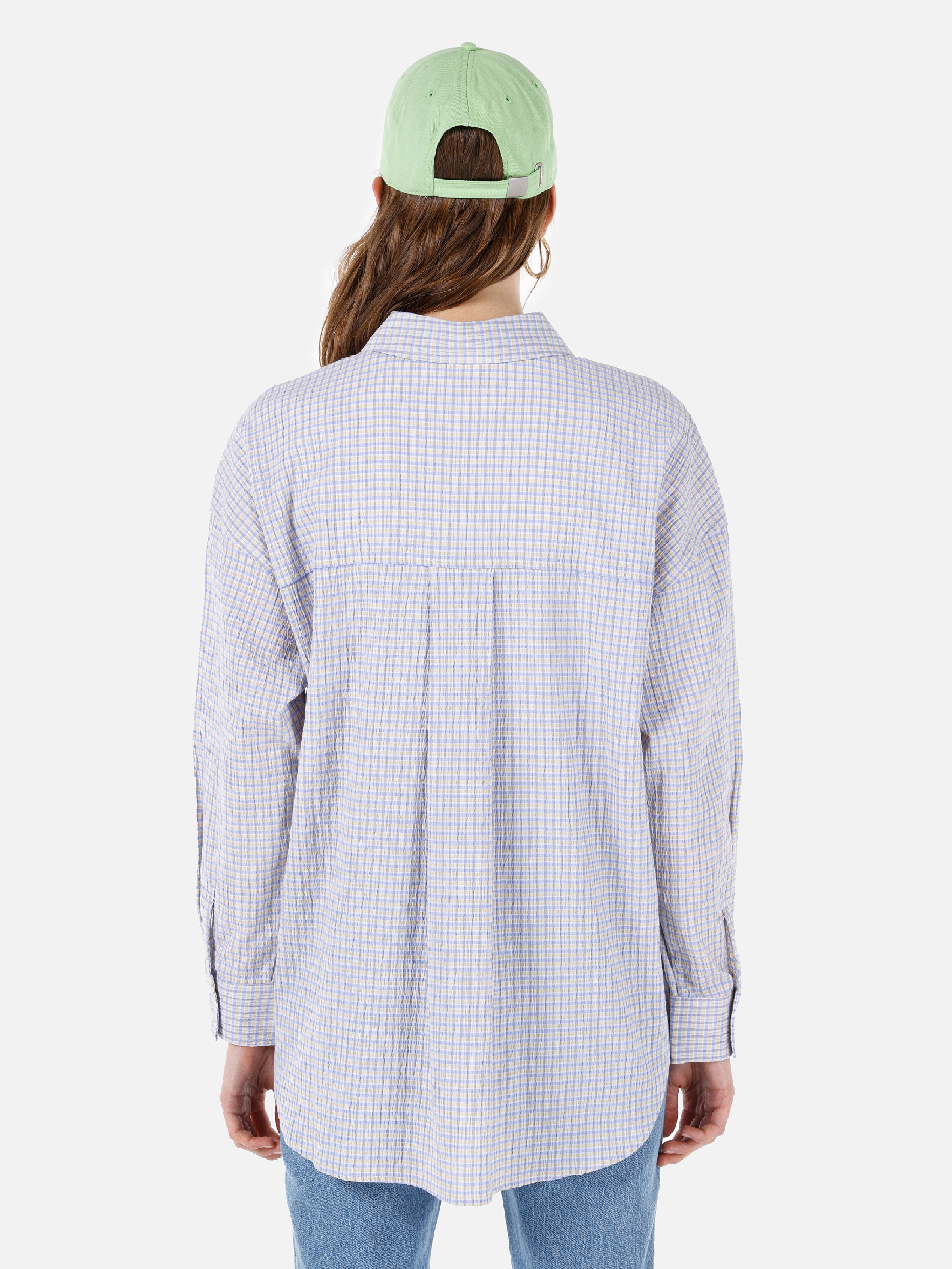 Normal Kesim Shirt Yaka Cepli Mavi Kadın Uzun Kol Gömlek Cl1067330