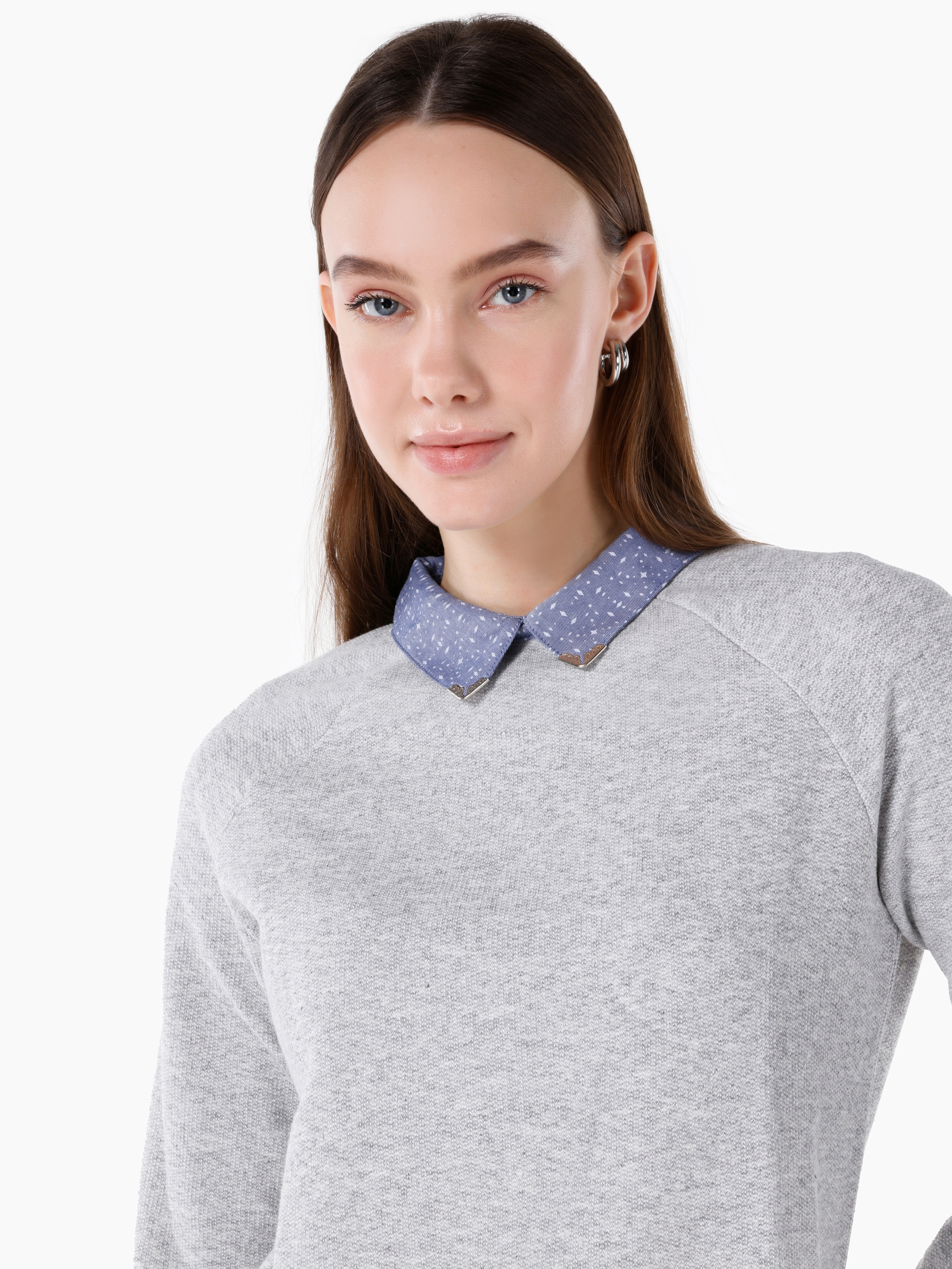 Normal Kesim Shirt Yaka Gri Kadın Uzun Kol Tişört Cl1067270