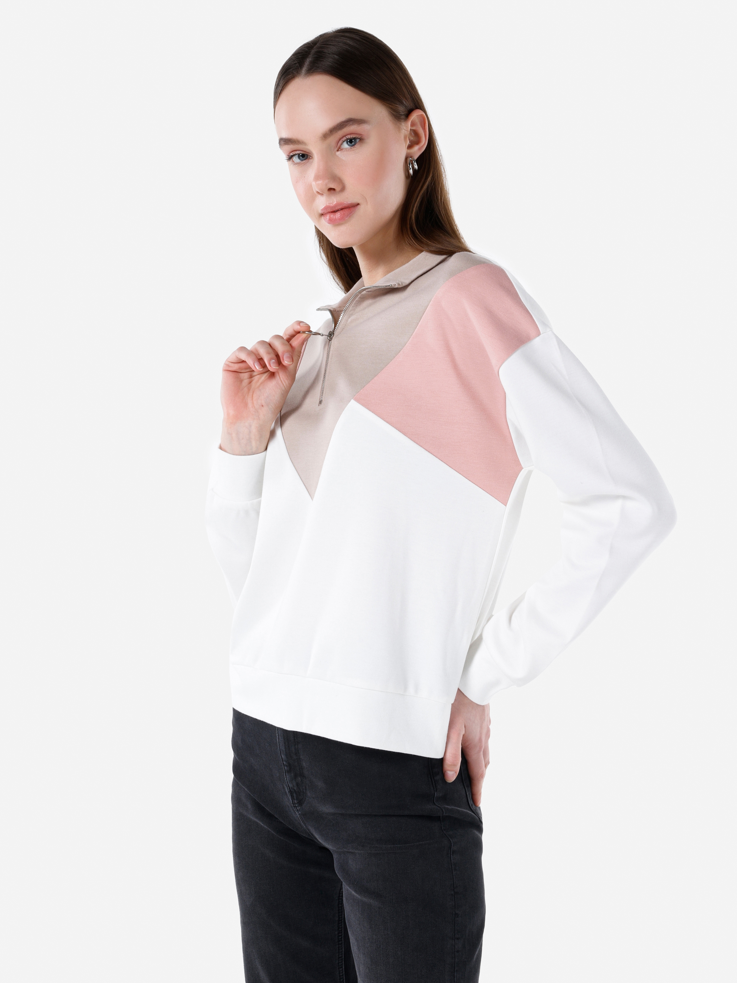 Normal Kesim Fermuar Yaka Çok Renkli Kadın Sweatshirt Cl1067436
