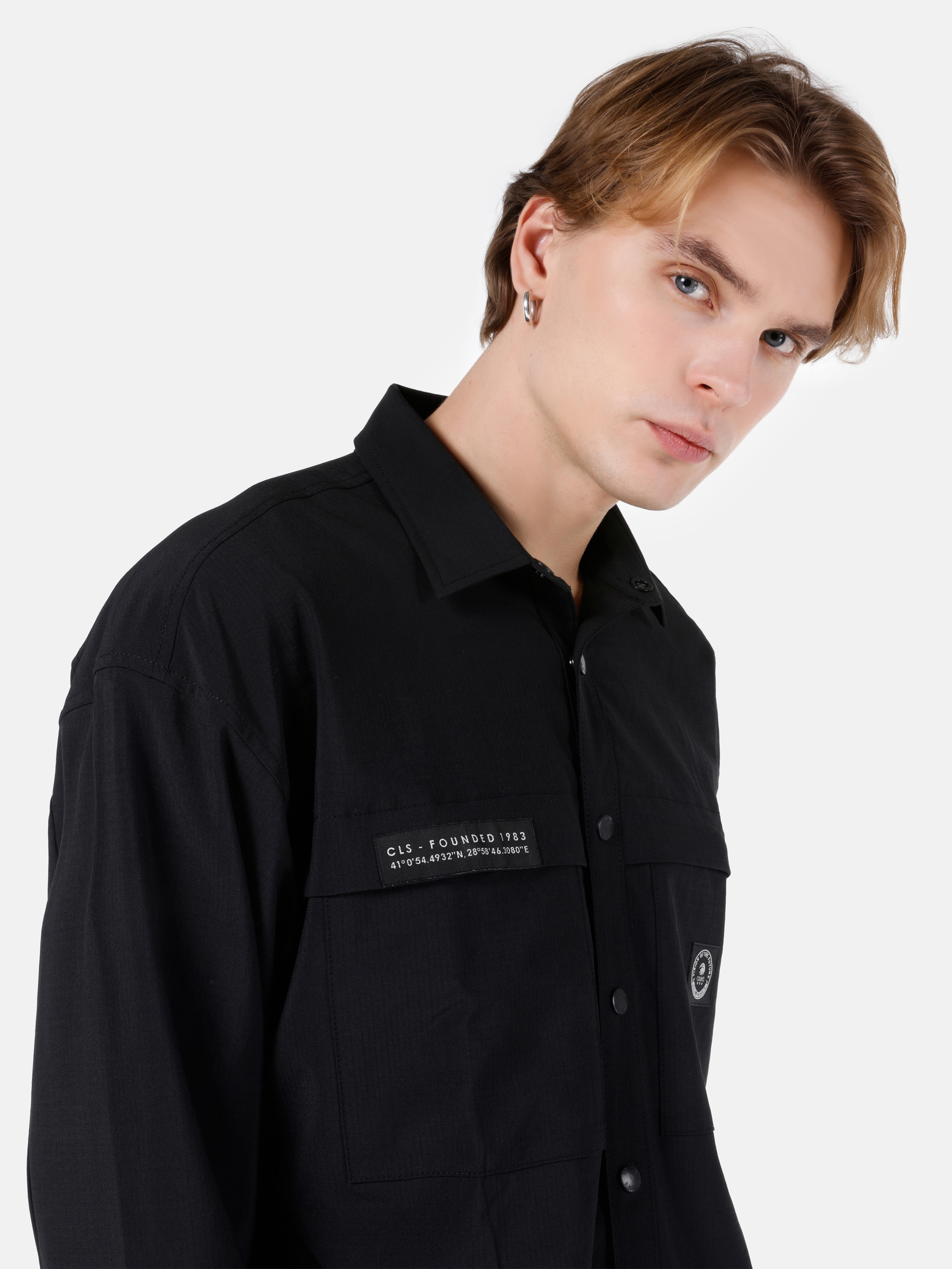 Normal Kesim Shirt Yaka Baskılı Siyah Erkek Uzun Kol Gömlek Cl1068193