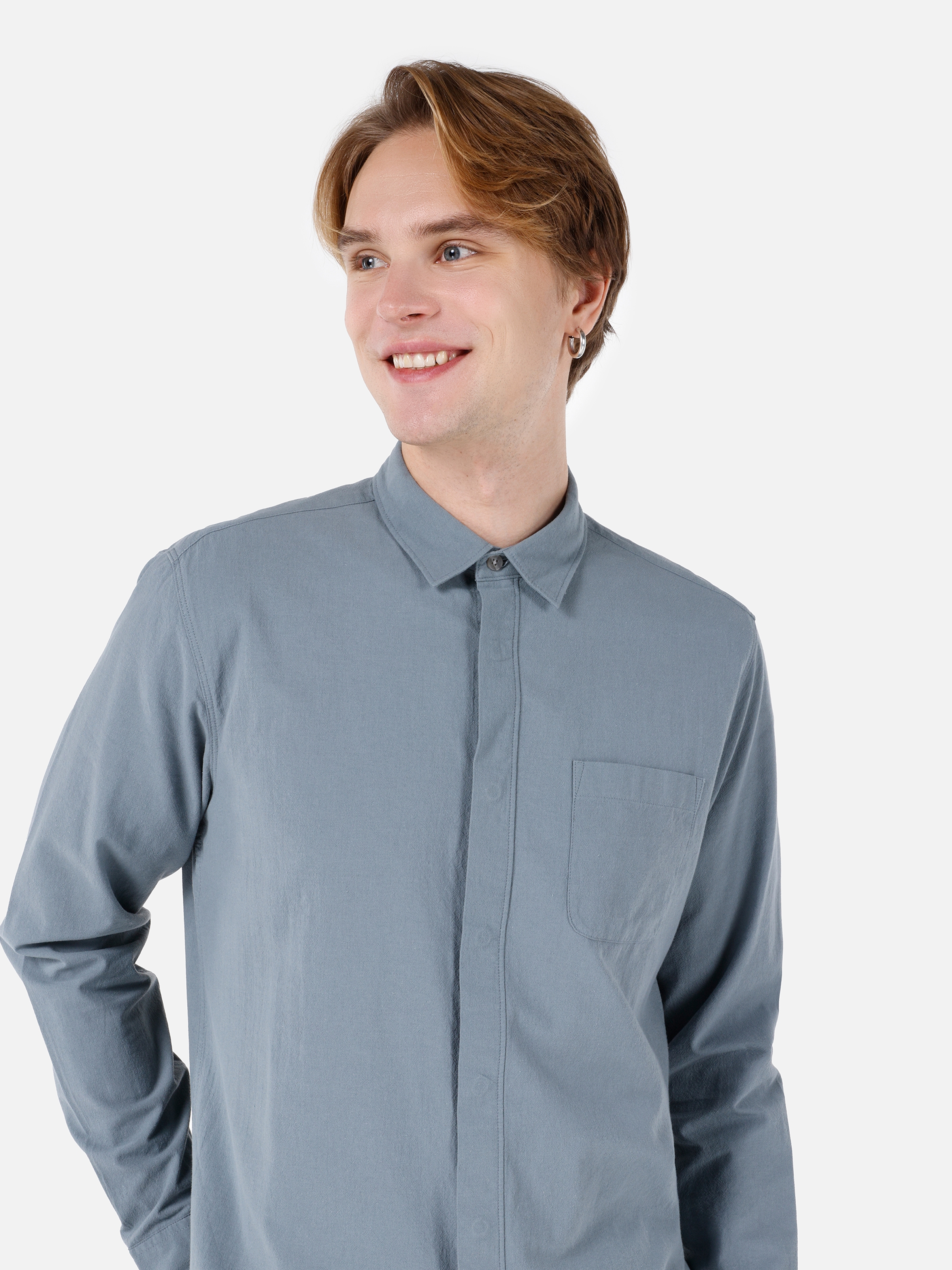 Normal Kesim Shirt Yaka Yeşil Erkek Uzun Kol Gömlek Cl1067013
