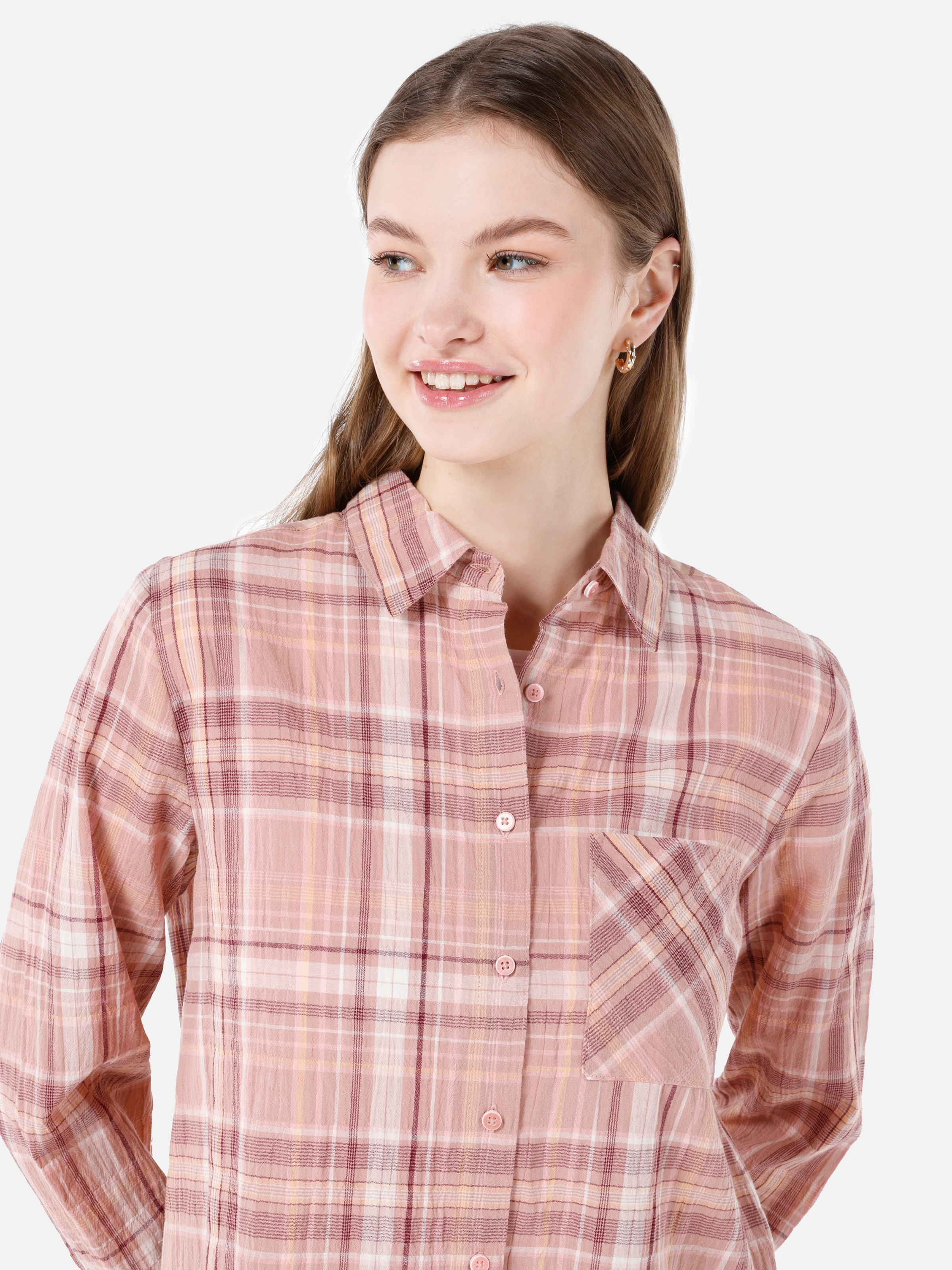 Normal Kesim Shirt Yaka Pembe Kadın Uzun Kol Gömlek Cl1067336