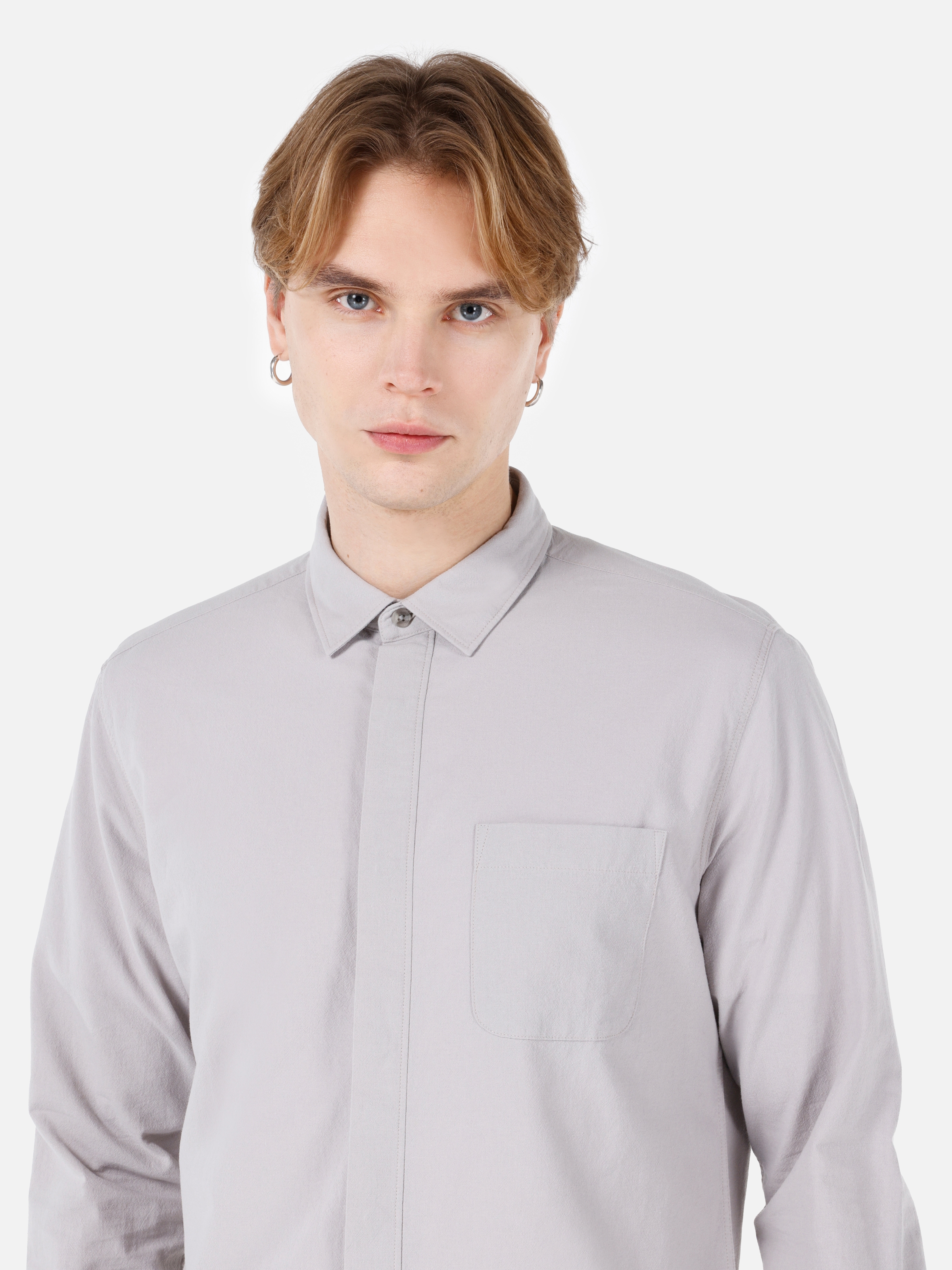Normal Kesim Shirt Yaka Cepli Gri Erkek Uzun Kol Gömlek Cl1067013