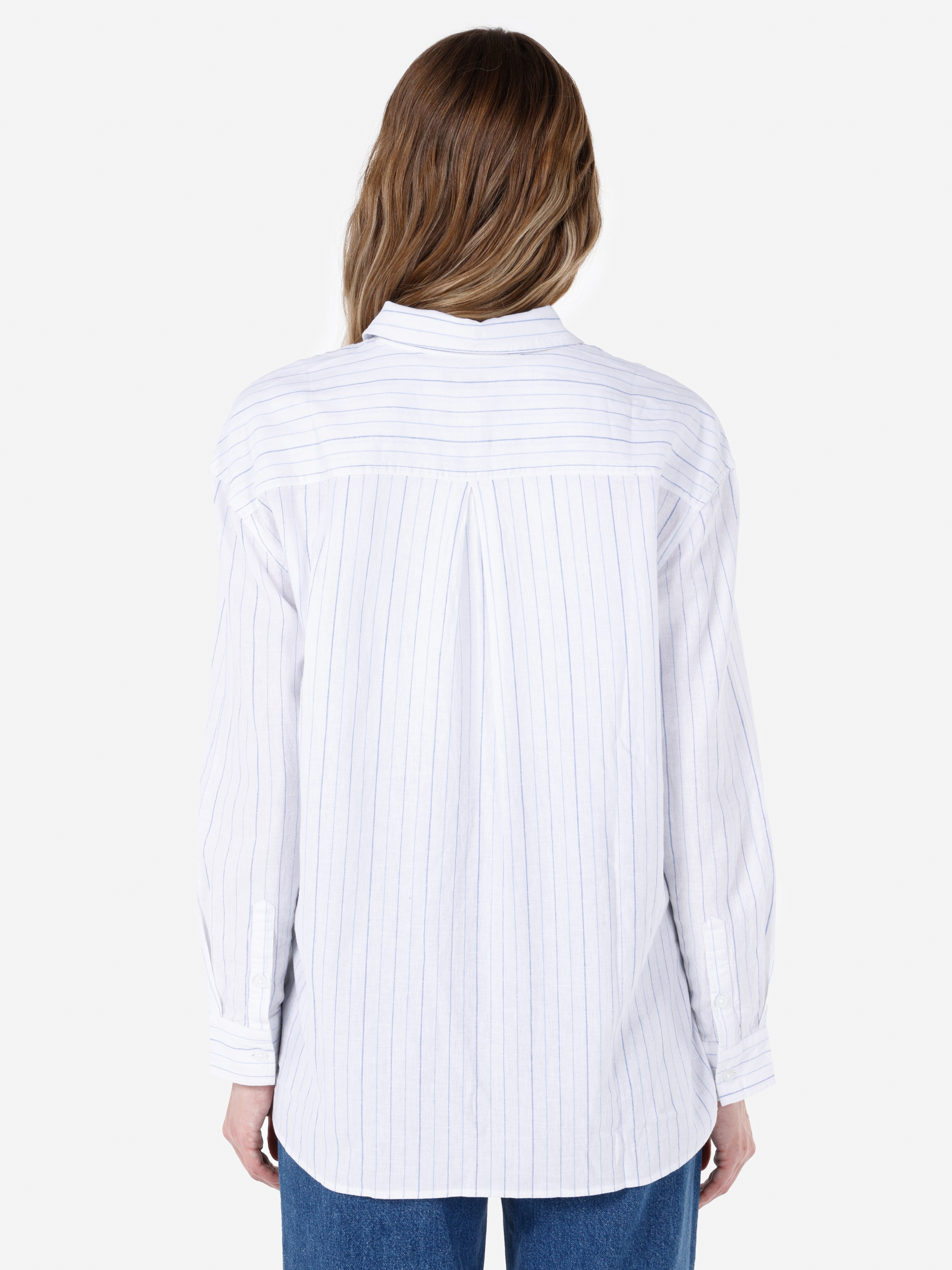 Normal Kesim Shirt Yaka Çizgili Beyaz Kadın Uzun Kol Gömlek Cl1068247