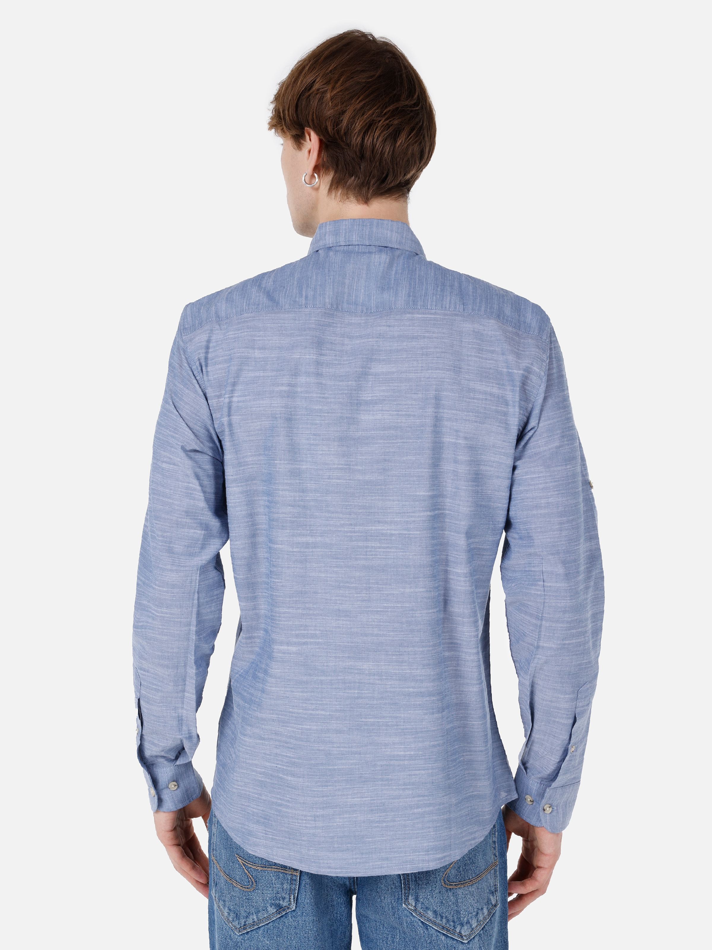 Normal Kesim Shirt Yaka Mavi Erkek Uzun Kol Gömlek Cl1058567