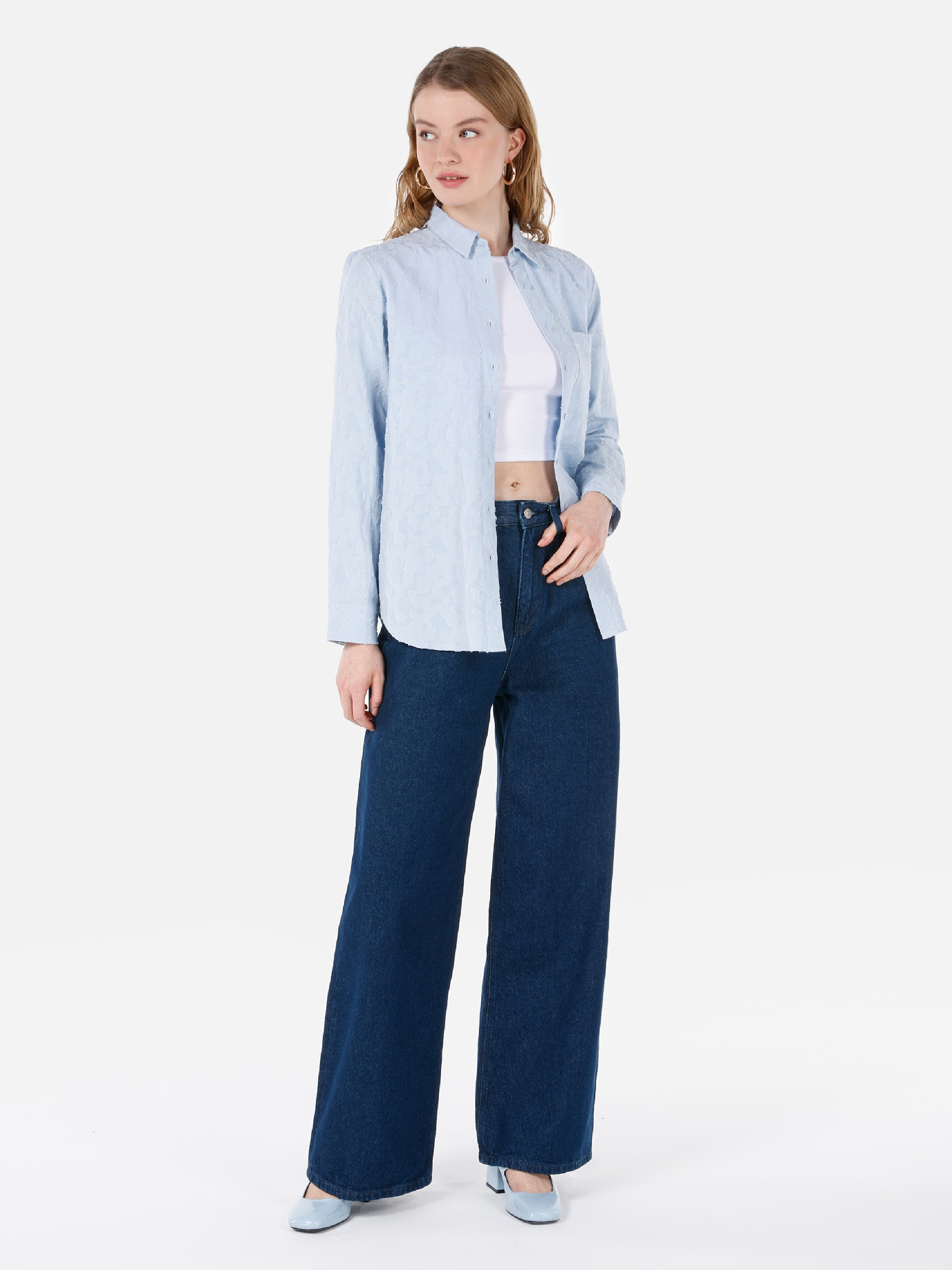 Normal Kesim Shirt Yaka Mavi Kadın Uzun Kol Gömlek Cl1067335