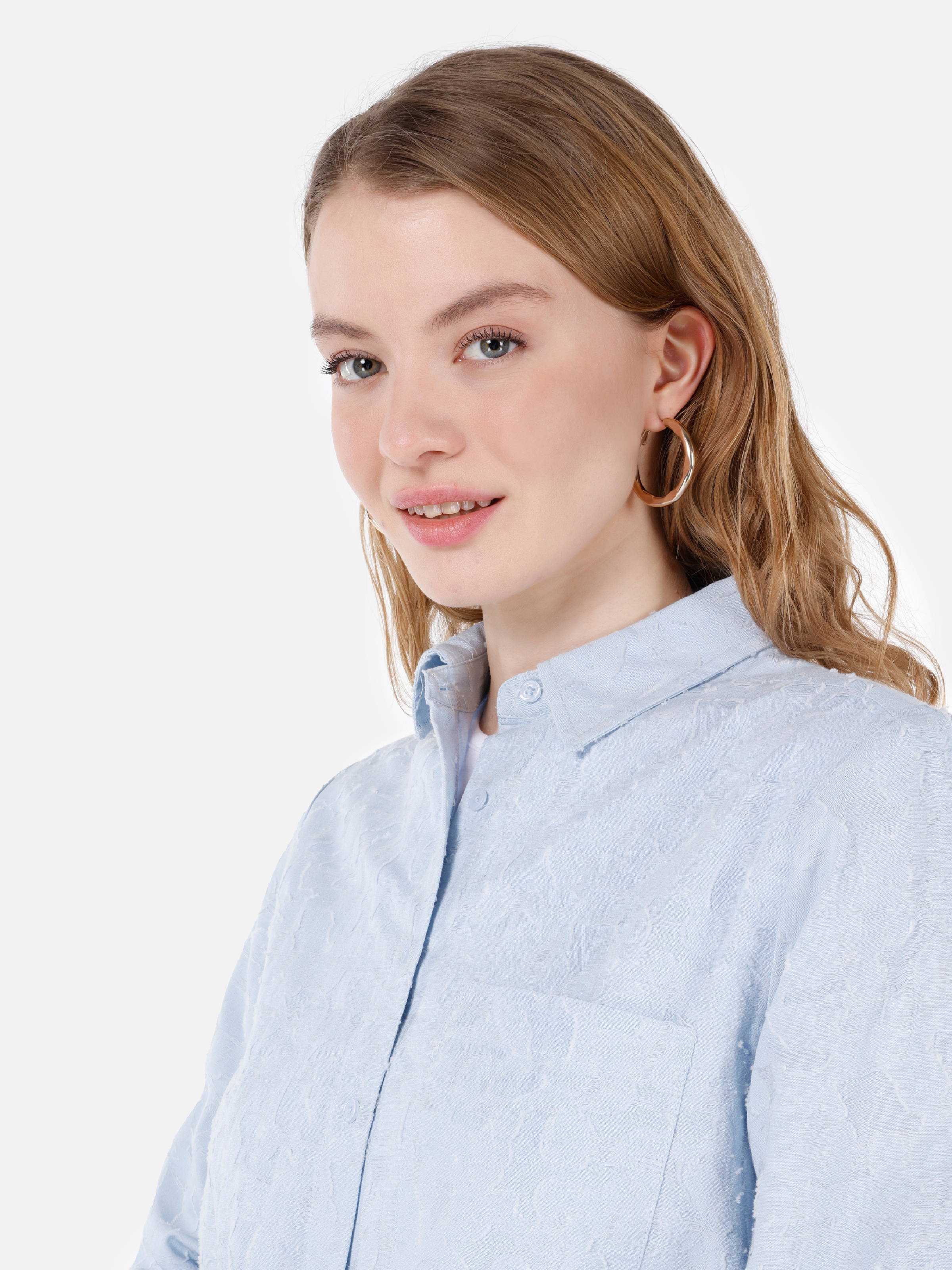 Normal Kesim Shirt Yaka Mavi Kadın Uzun Kol Gömlek Cl1067335