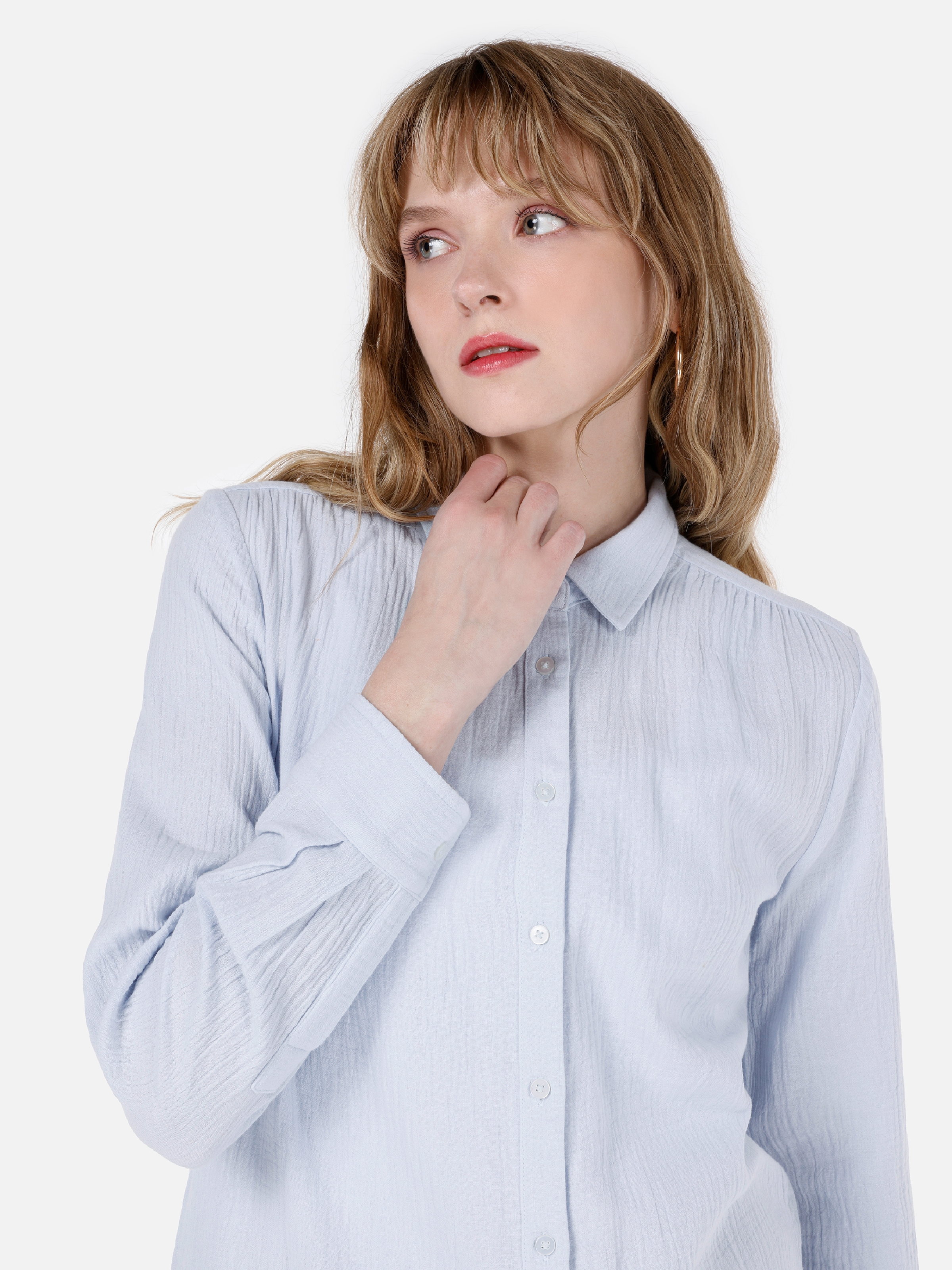 Normal Kesim Shirt Yaka Mavi Kadın Uzun Kol Gömlek