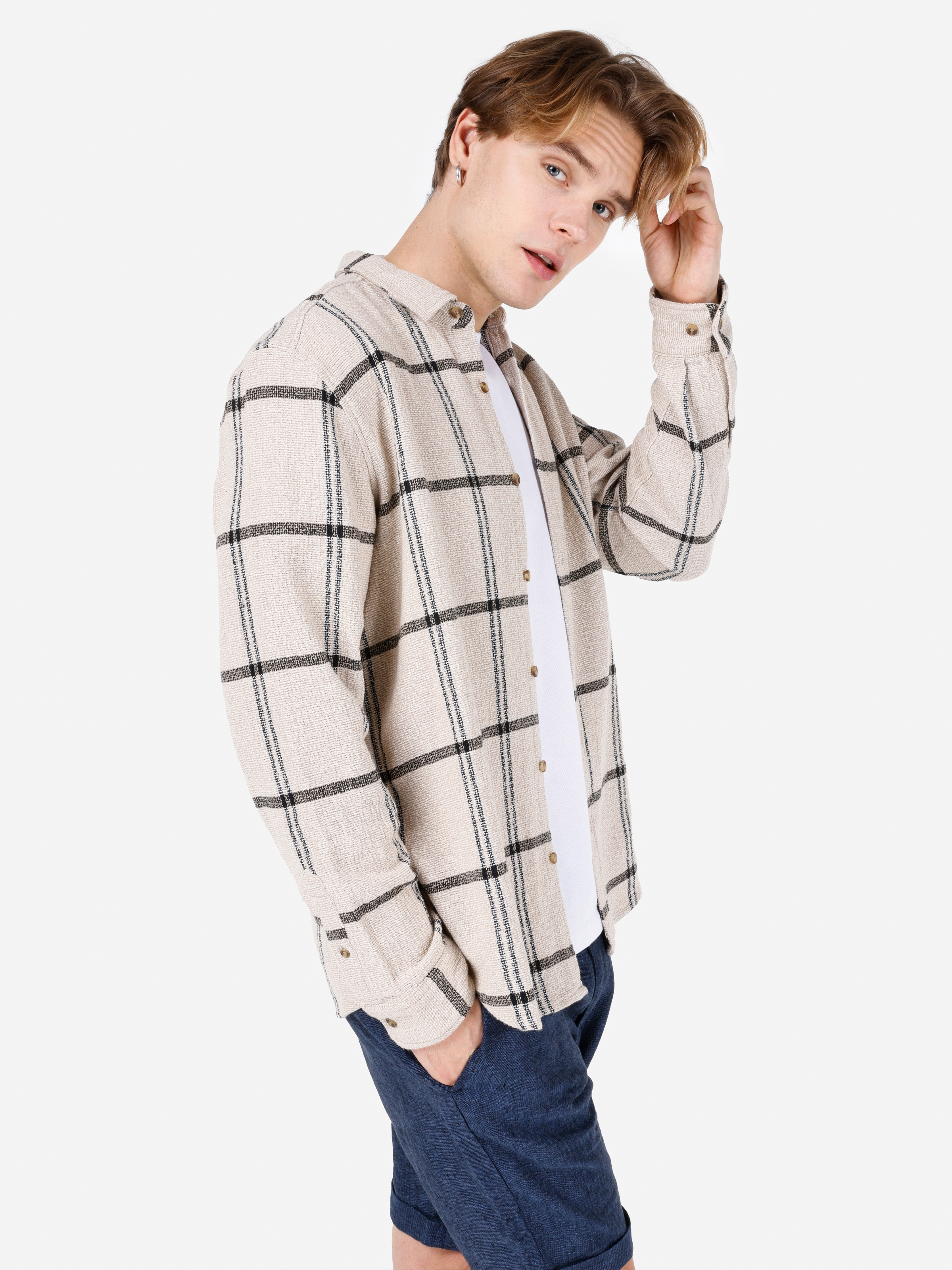 Normal Kesim Shirt Yaka Kareli Ekru Erkek Uzun Kol Gömlek Cl1067862