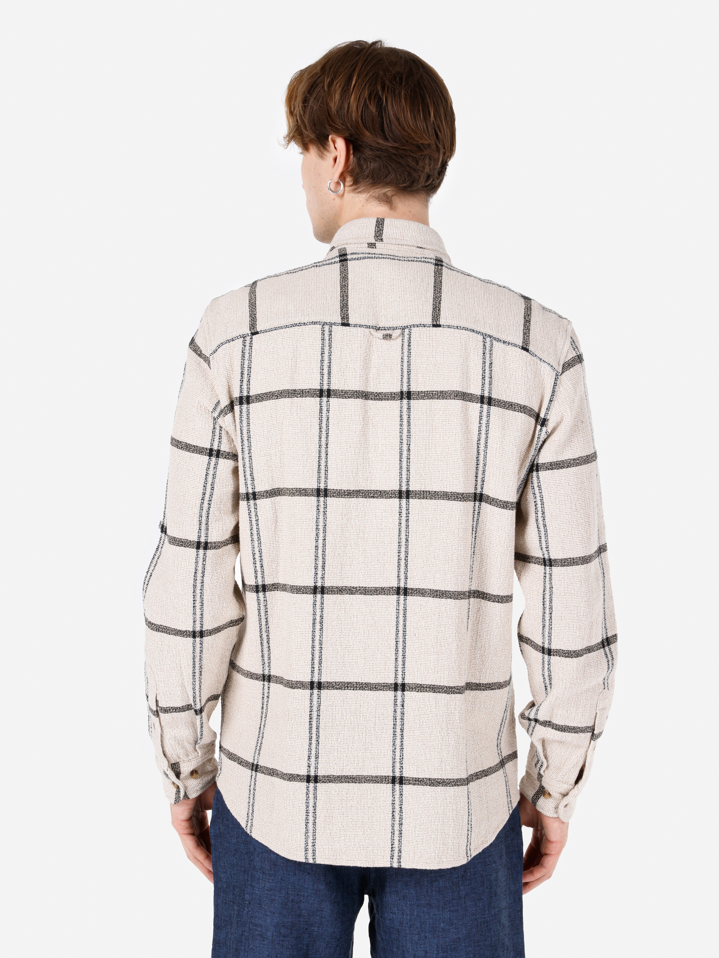 Normal Kesim Shirt Yaka Kareli Ekru Erkek Uzun Kol Gömlek Cl1067862