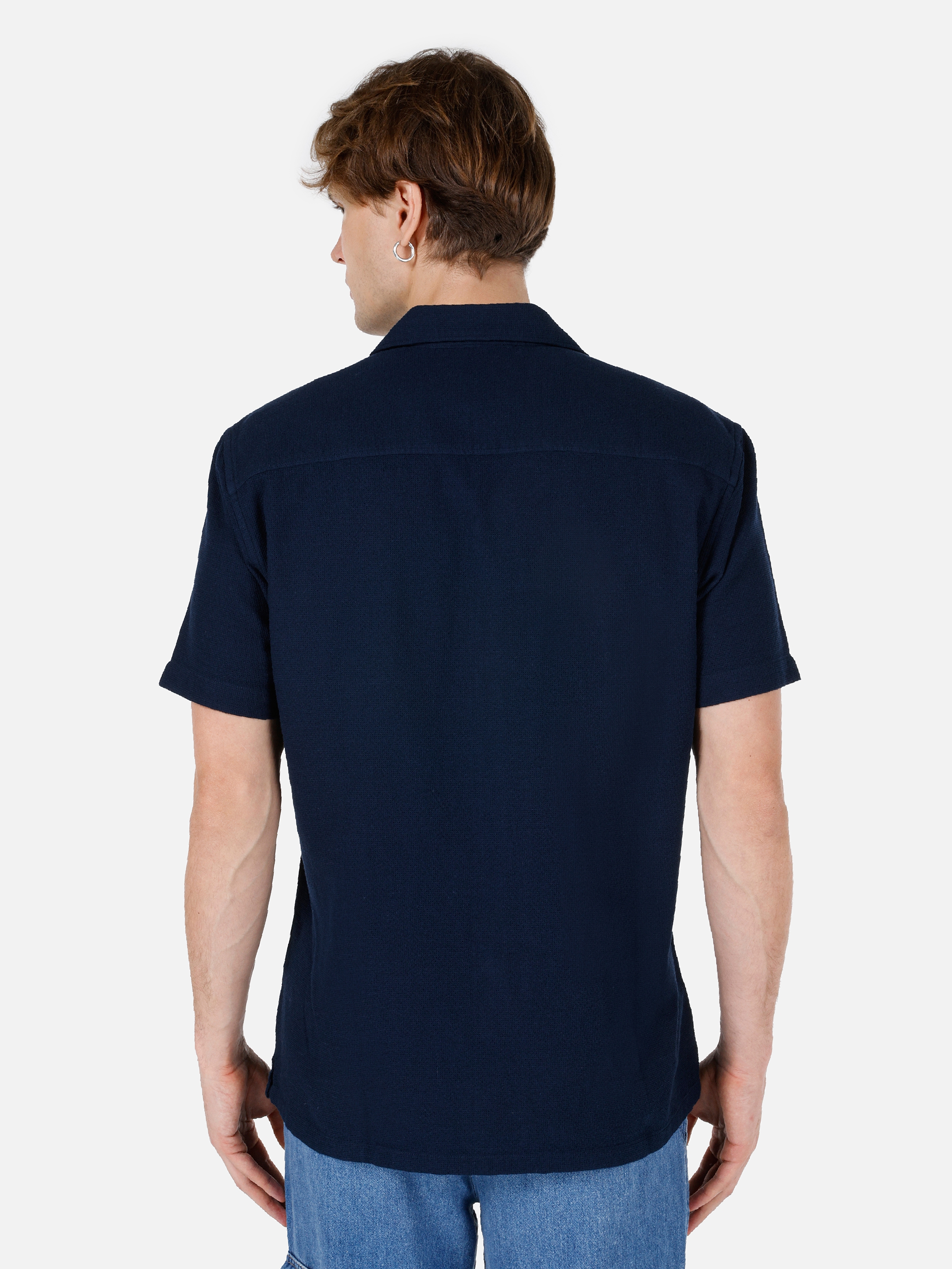 Normal Kesim Shirt Yaka Lacivert Erkek Kısa Kol Gömlek Cl1066937