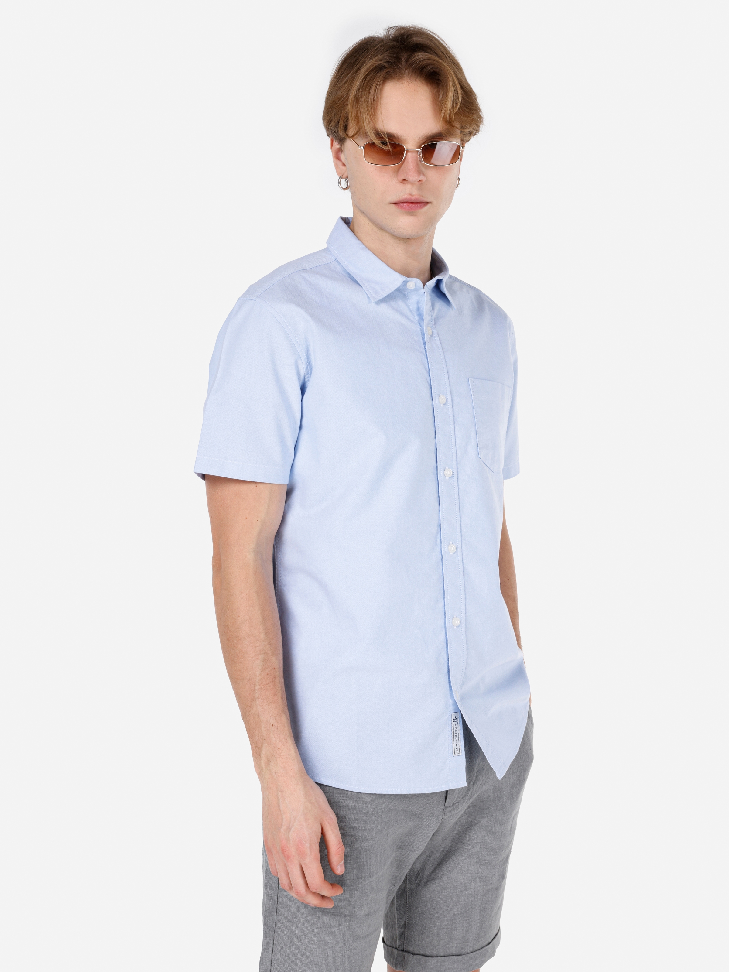 Normal Kesim Shirt Yaka Mavi Erkek Kısa Kol Gömlek