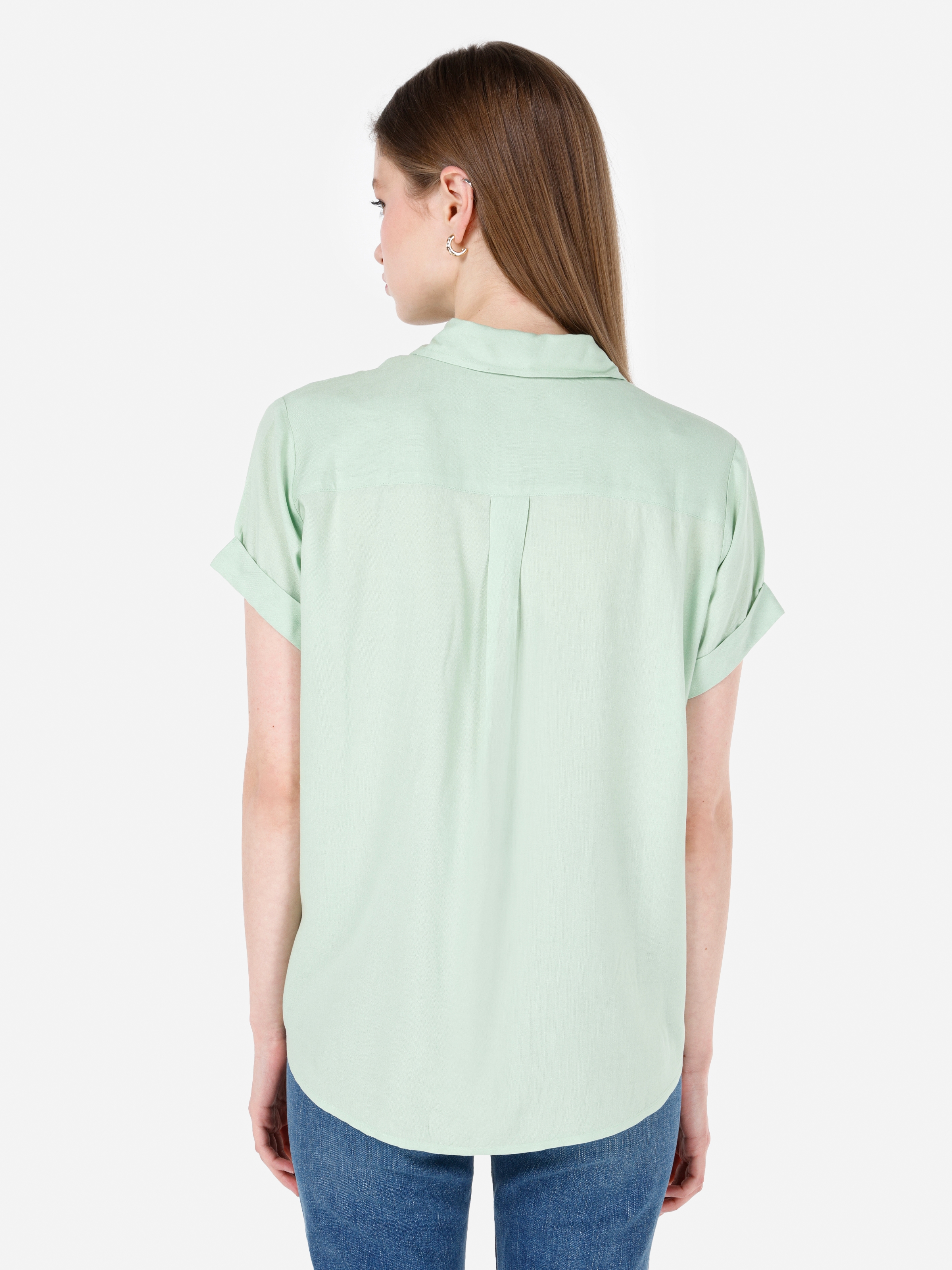 Normal Kesim Shirt Yaka Yeşil Kadın Kısa Kol Gömlek