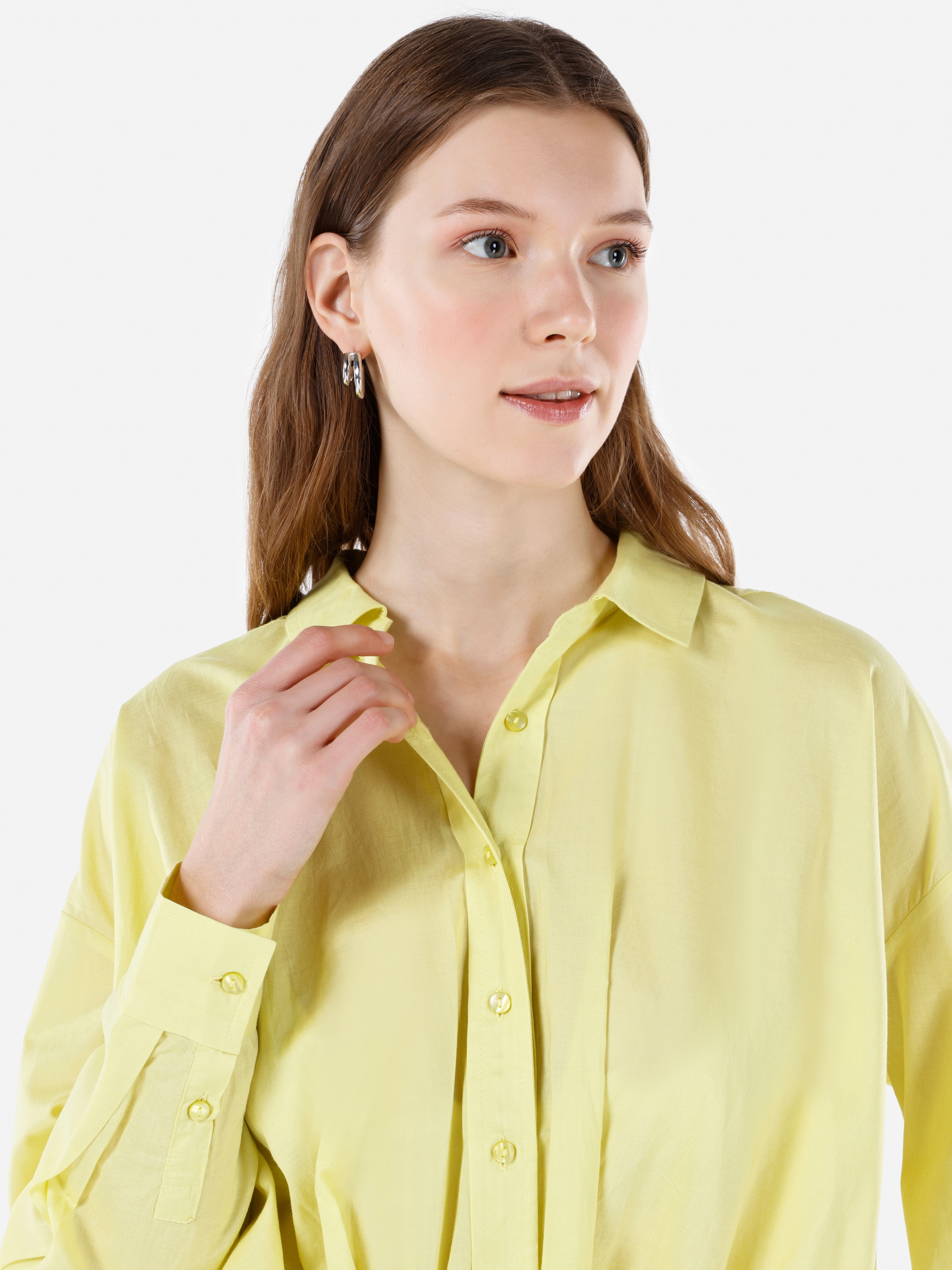 Normal Kesim Shirt Yaka Yeşil Kadın Uzun Kol Gömlek