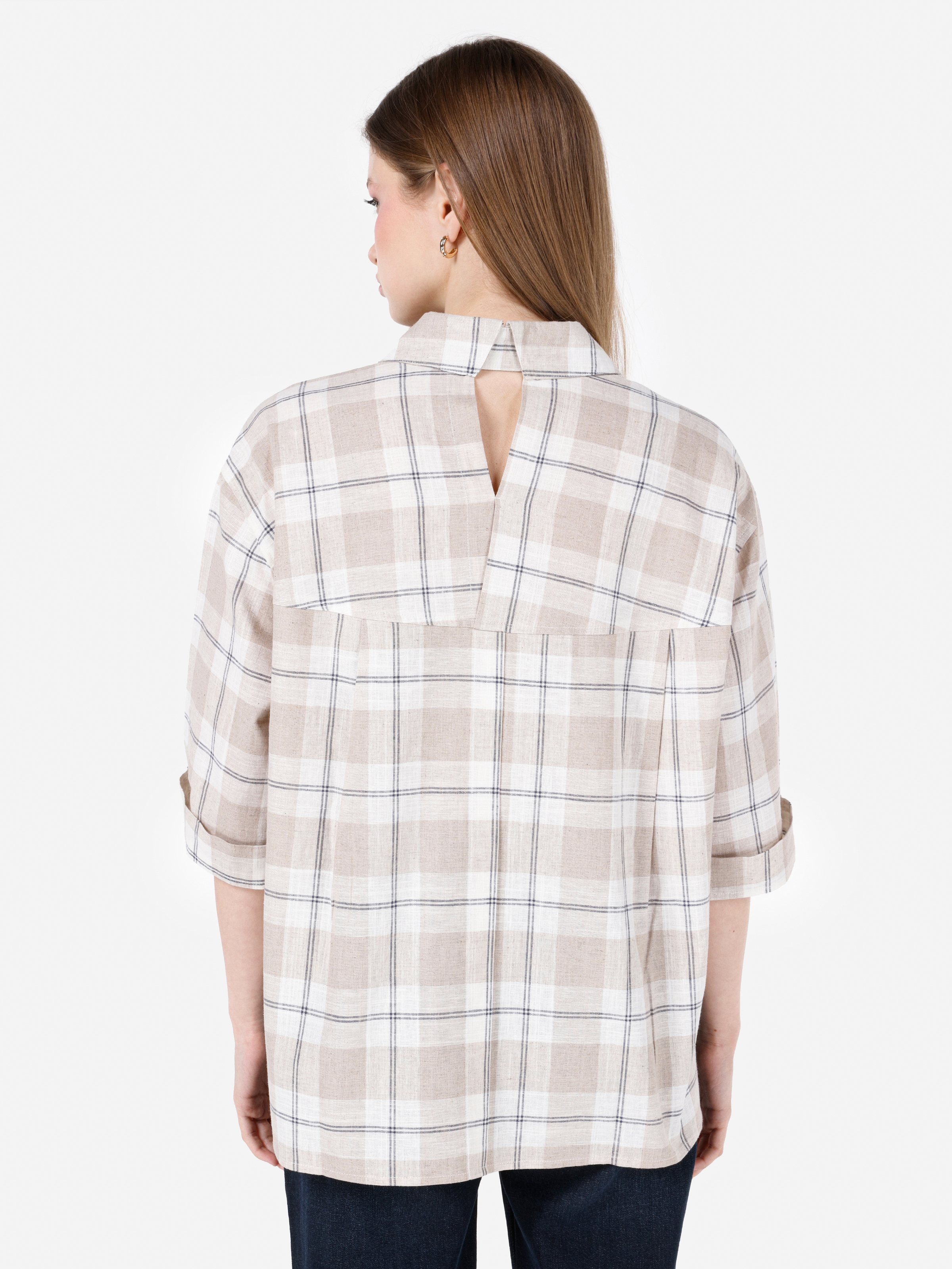Normal Kesim Shirt Yaka Kareli Bej Kadın Uzun Kol Gömlek Cl1068245