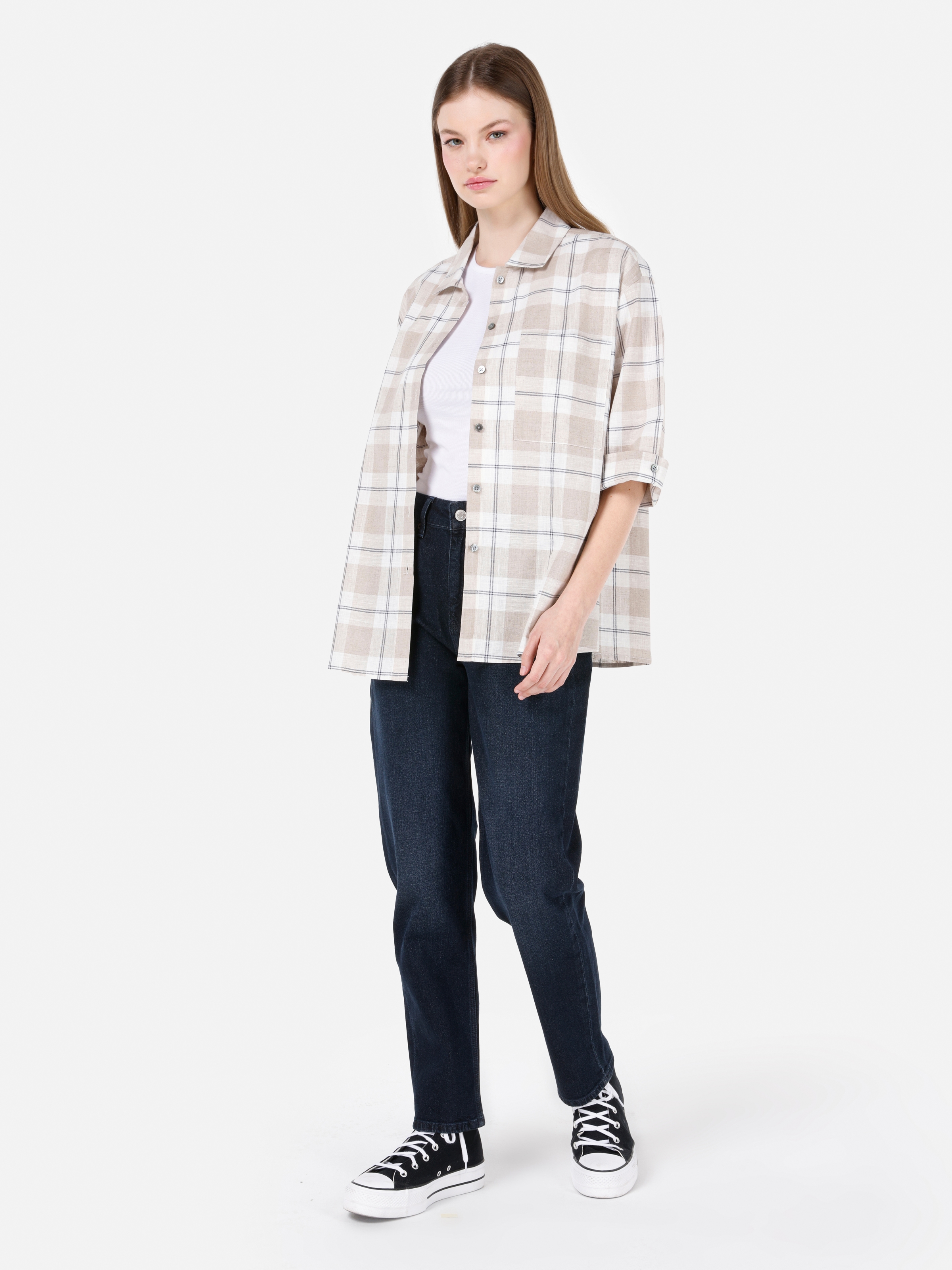 Normal Kesim Shirt Yaka Kareli Bej Kadın Uzun Kol Gömlek Cl1068245